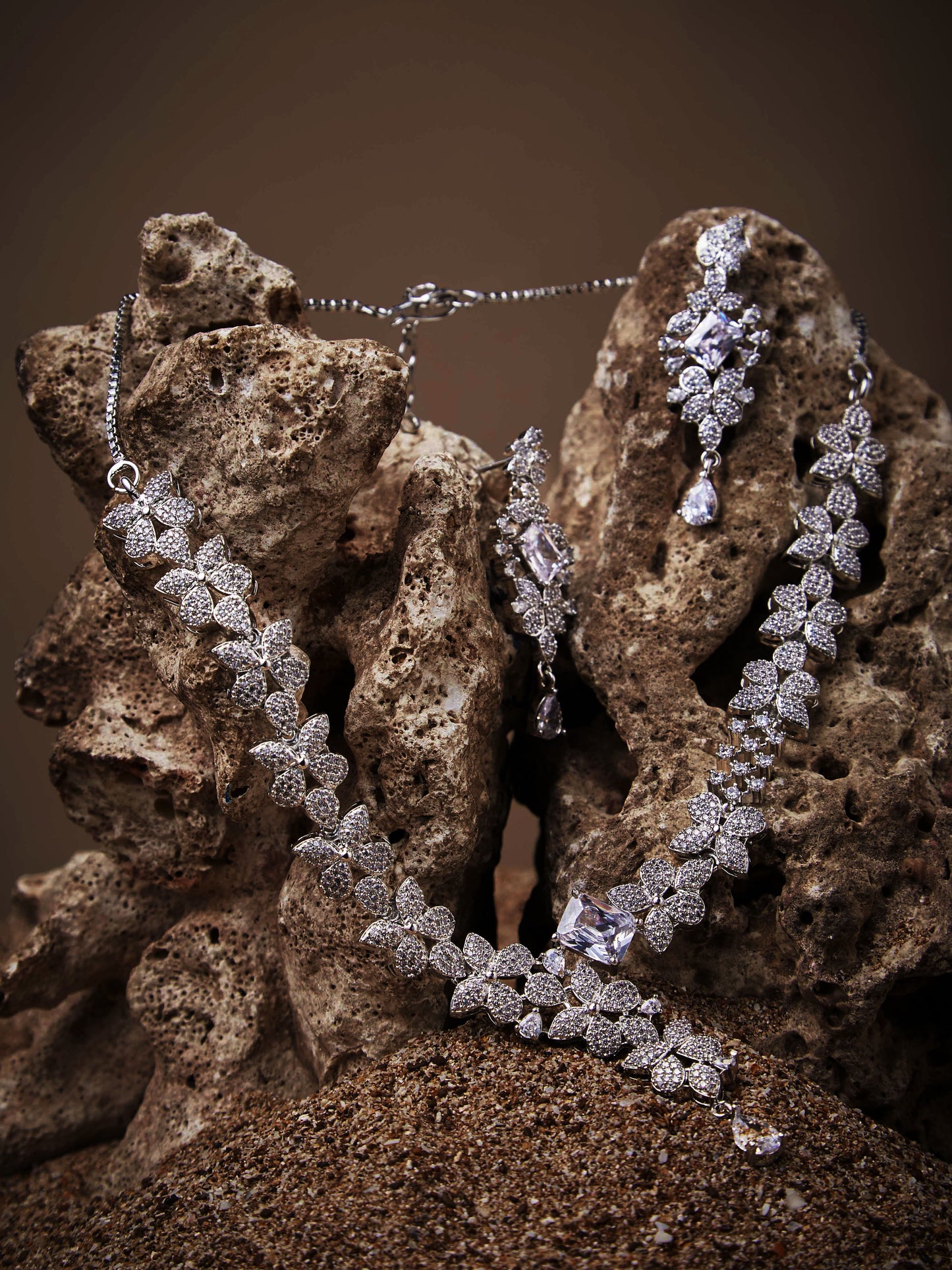 Rhodium-Plated Cubic Zirconia-Studded Statement Jewellery Set