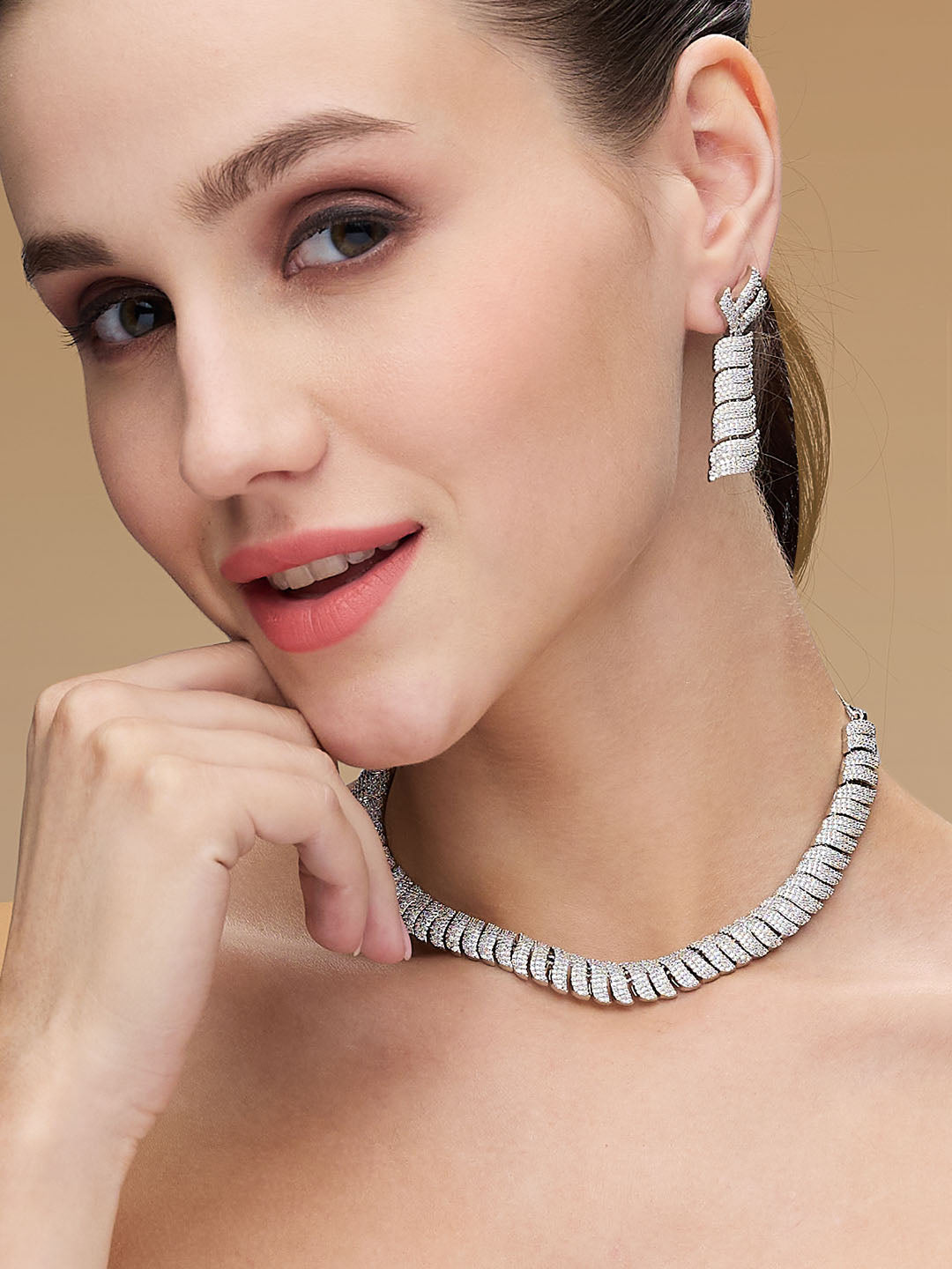 Rhodium-Plated Cubic Zirconia-Studded Statement Jewellery Set