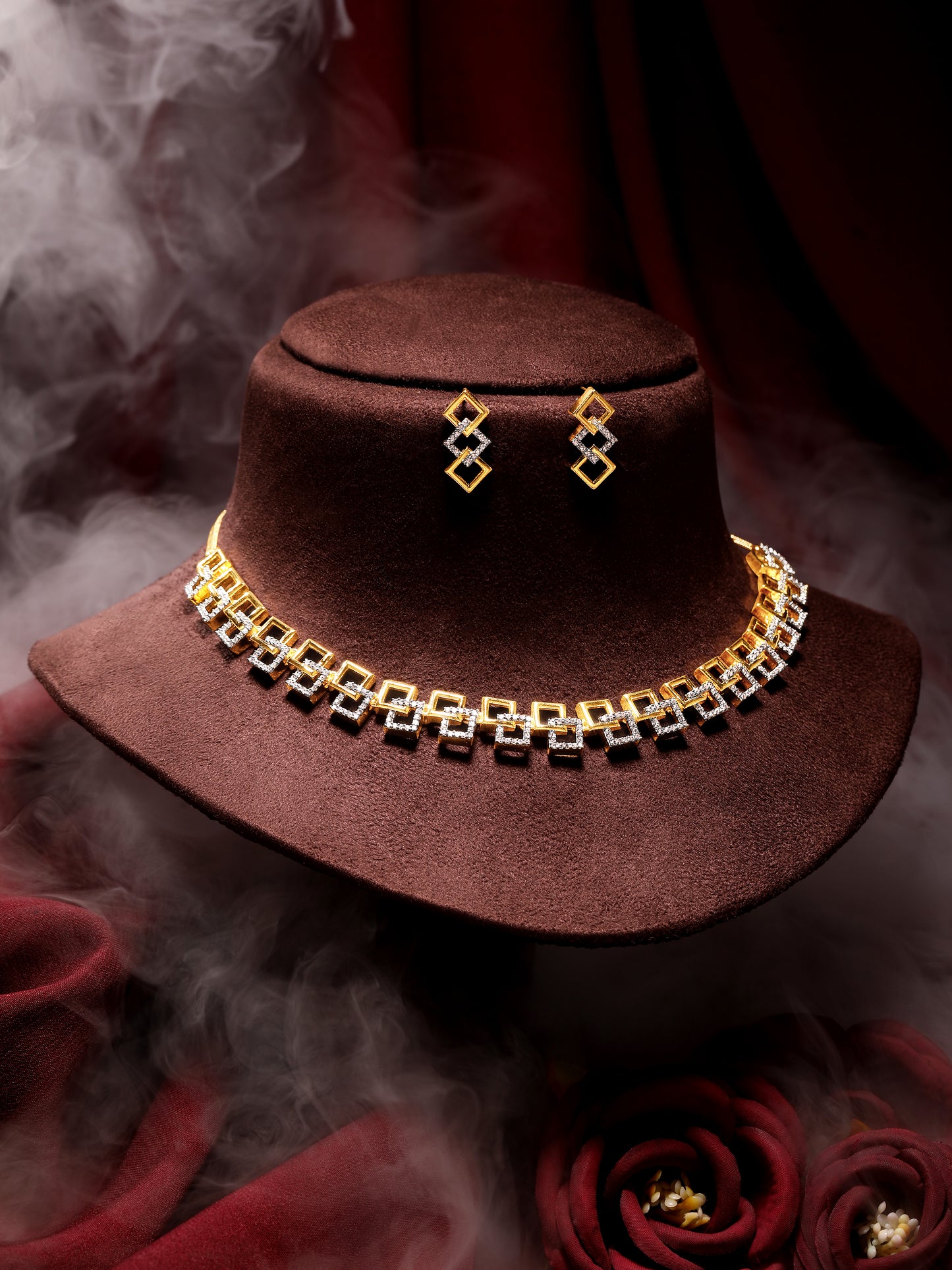 2K Gold-Plated Cubic Zirconia-Studded Statement Choker Jewellery Set