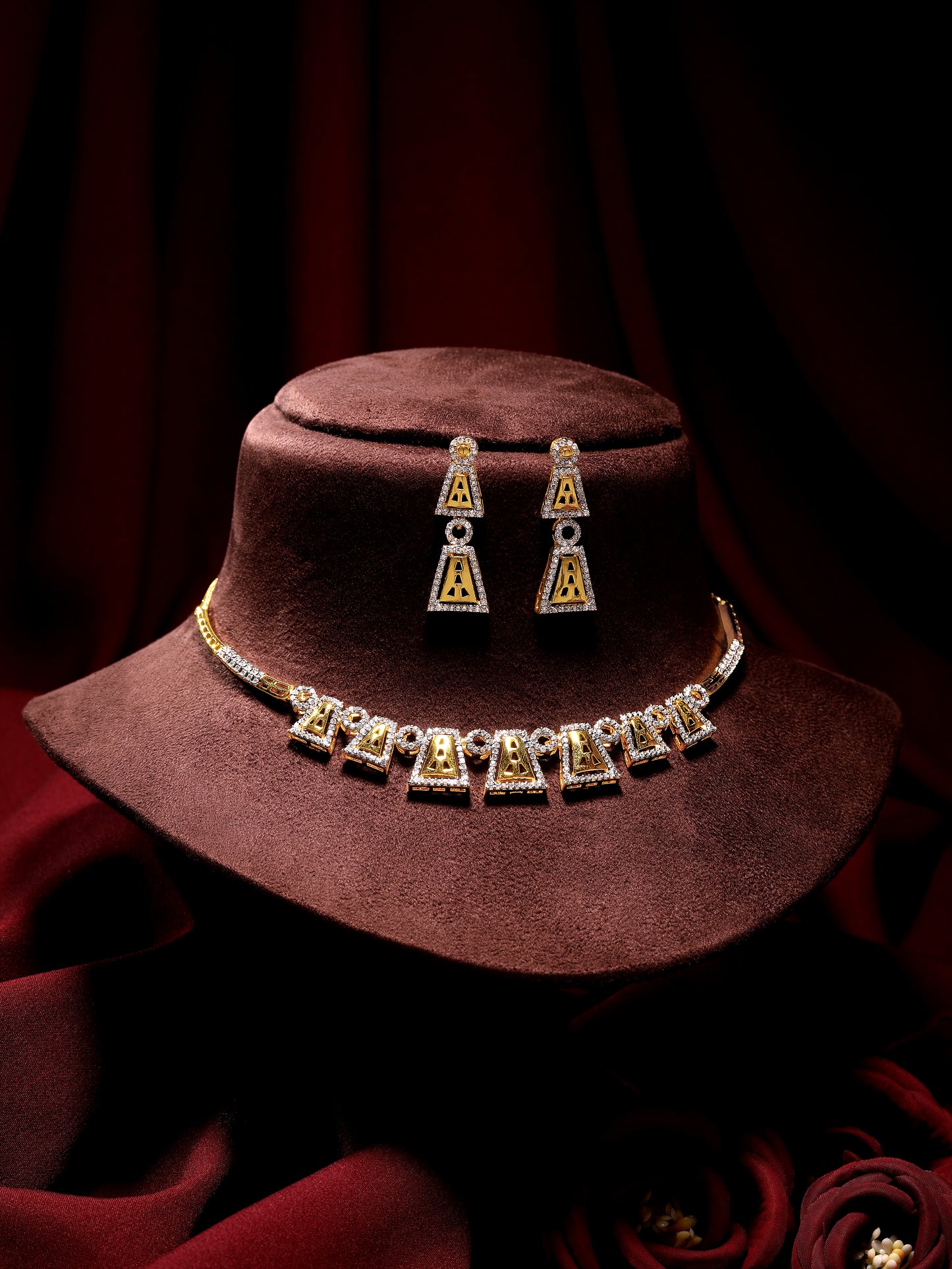 22KT Gold-Plated Cubic Zirconia-Studded Statement Choker Jewellery Set