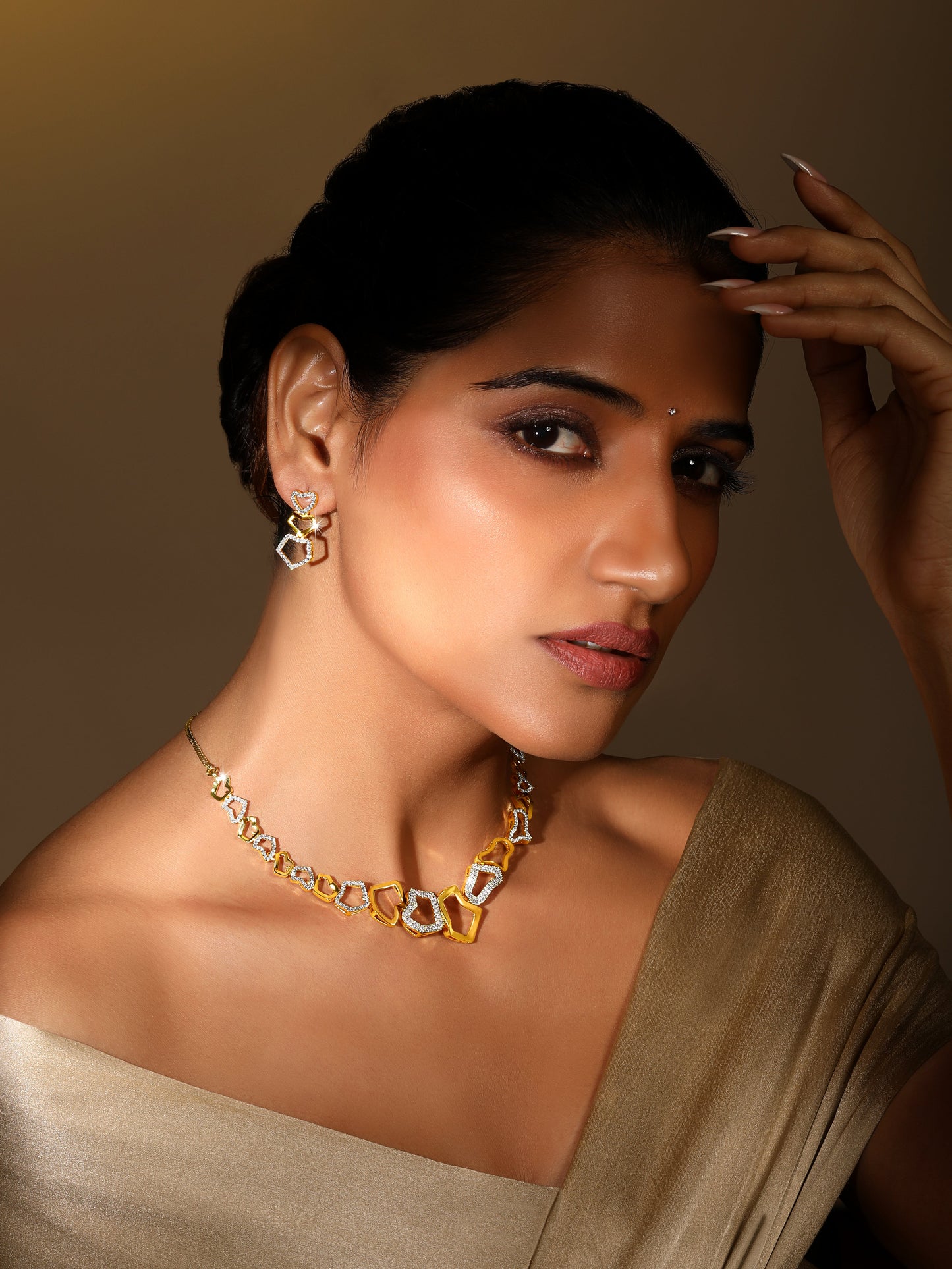 22K Gold-Plated Cubic Zirconia-Studded Contemporary Choker Jewellery Set