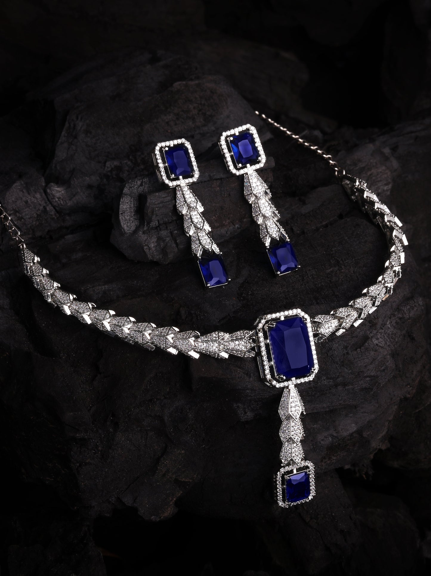 Rhodium-Plated Cubic Zirconia-Studded Statement Choker Jewellery Set