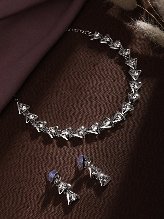 Rhodium-Plated American Diamond Studded Necklace and Earrings