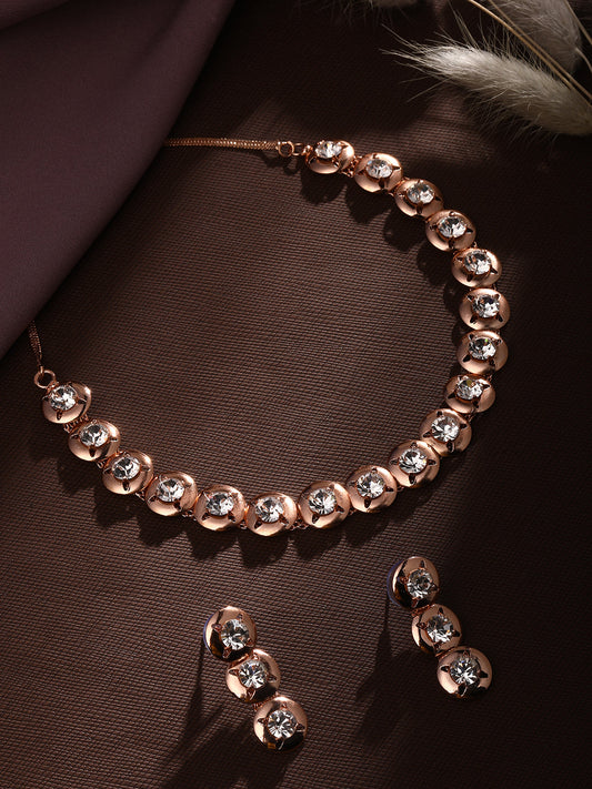 Rose Gold-Plated American Diamond Studded Necklace and Earrings