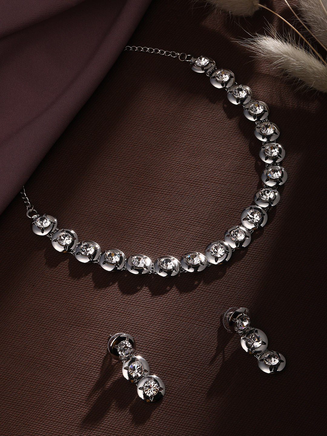 Rhodium-Plated American Diamond Necklace Set with Matching Studded Earrings – Elegant Occasion Wear by Asmitta