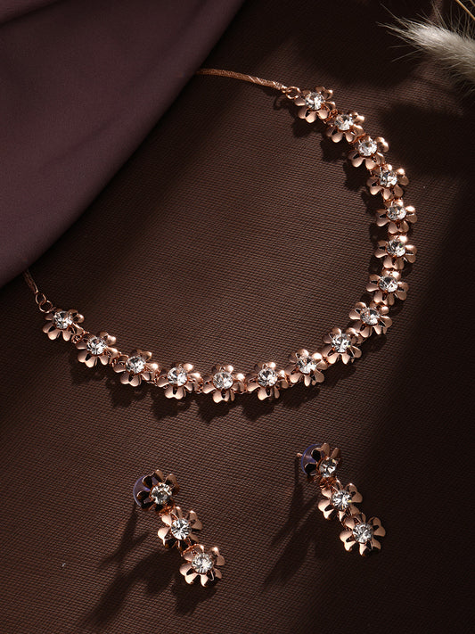 Rose Gold-Plated Floral American Diamond Necklace Set with Drop Earrings