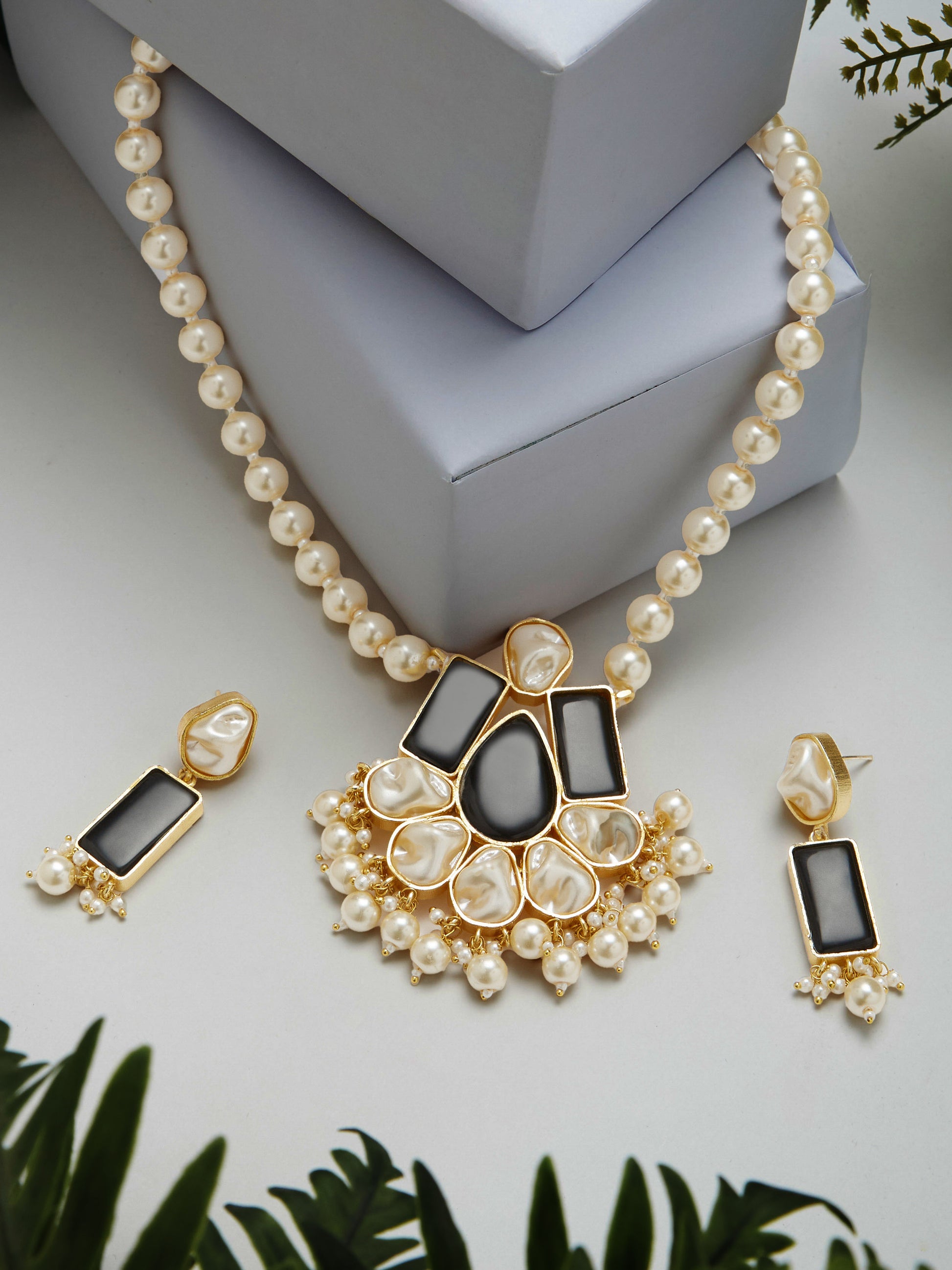 Gold-Plated Pearl Necklace Set with Black Stone Accents and Matching Earrings – Asmitta Jewellery