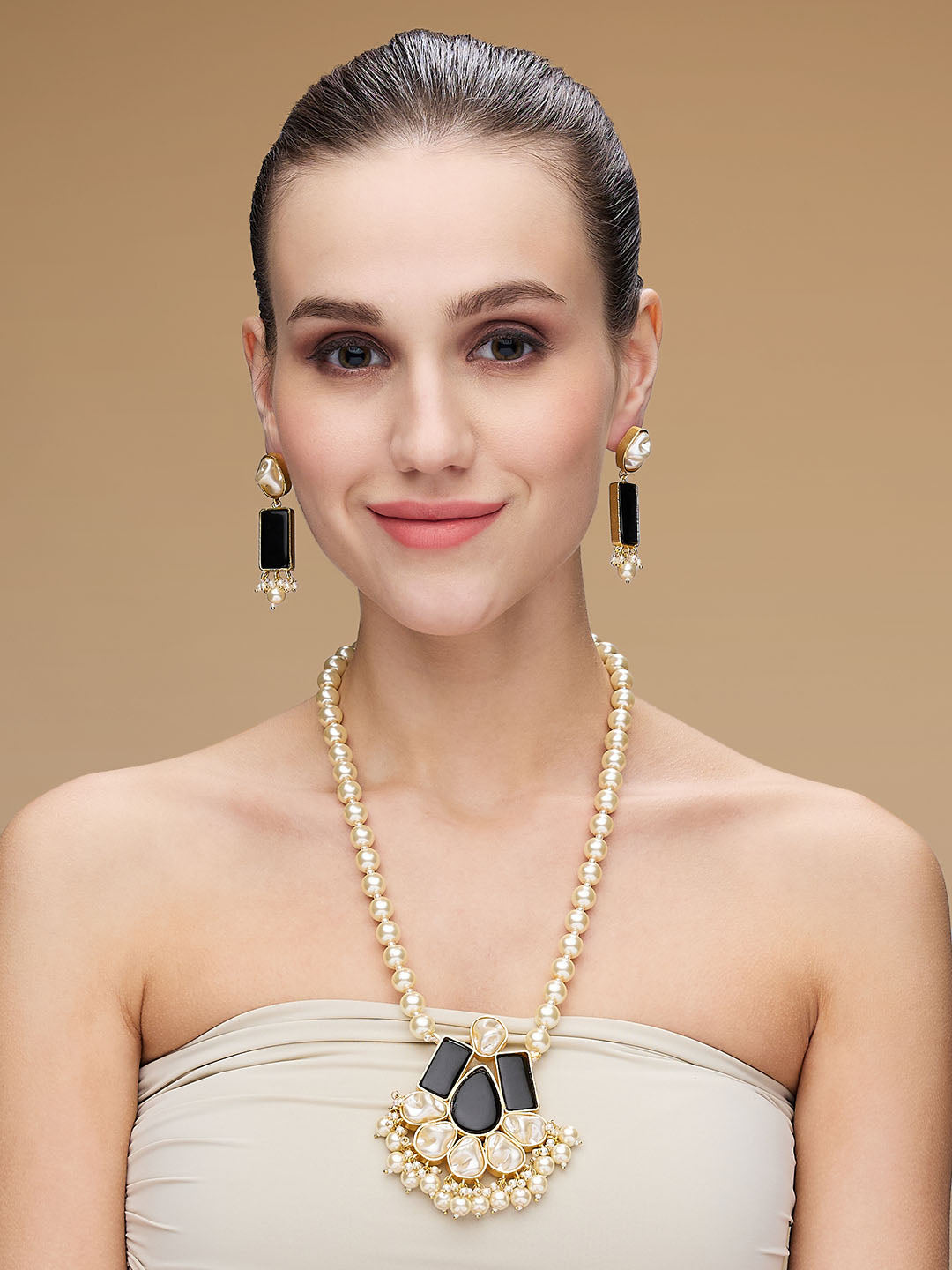 Gold-Plated Pearl Necklace Set with Black Stone Accents and Matching Earrings – Asmitta Jewellery