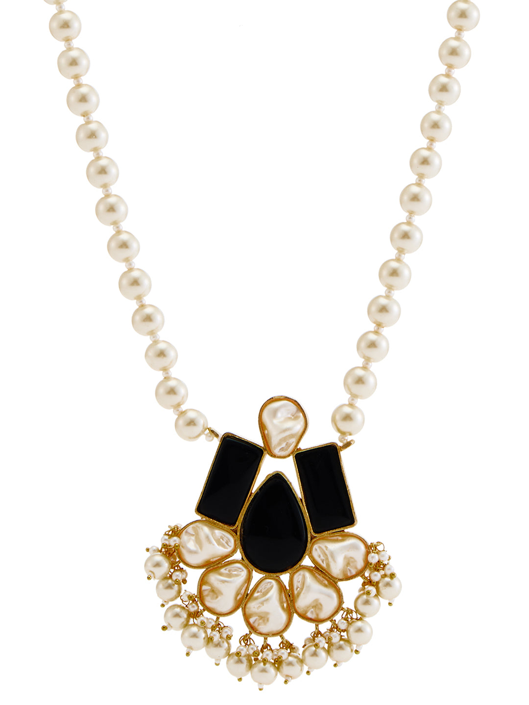 Gold-Plated Pearl Necklace Set with Black Stone Accents and Matching Earrings – Asmitta Jewellery