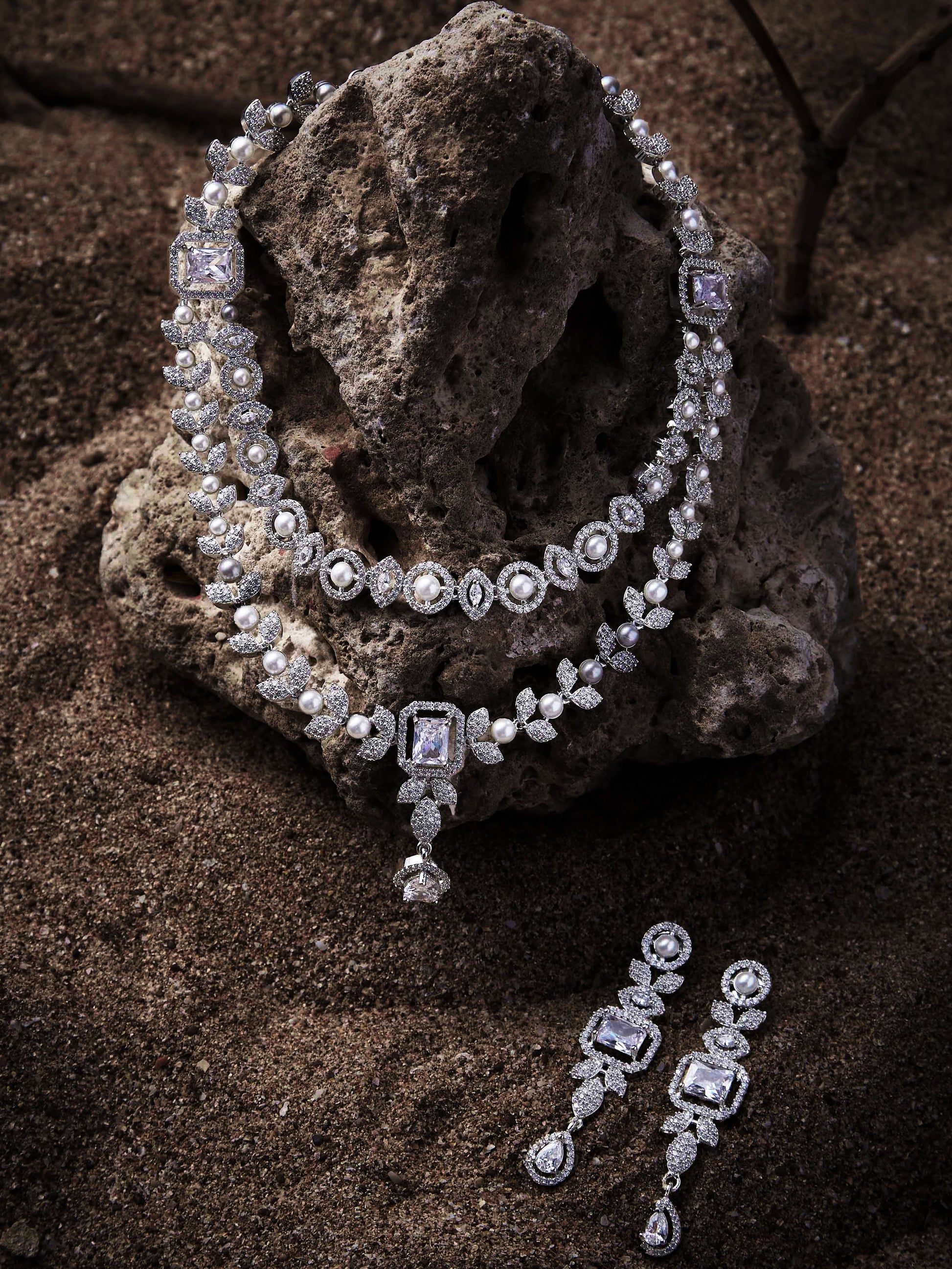 white CZ double layered diamond necklace set with rhodium finish and elegant drop earrings