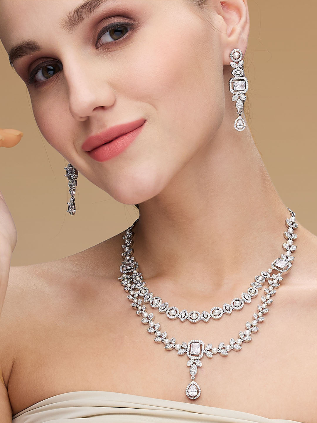 white CZ double layered diamond necklace set with rhodium finish and elegant drop earrings