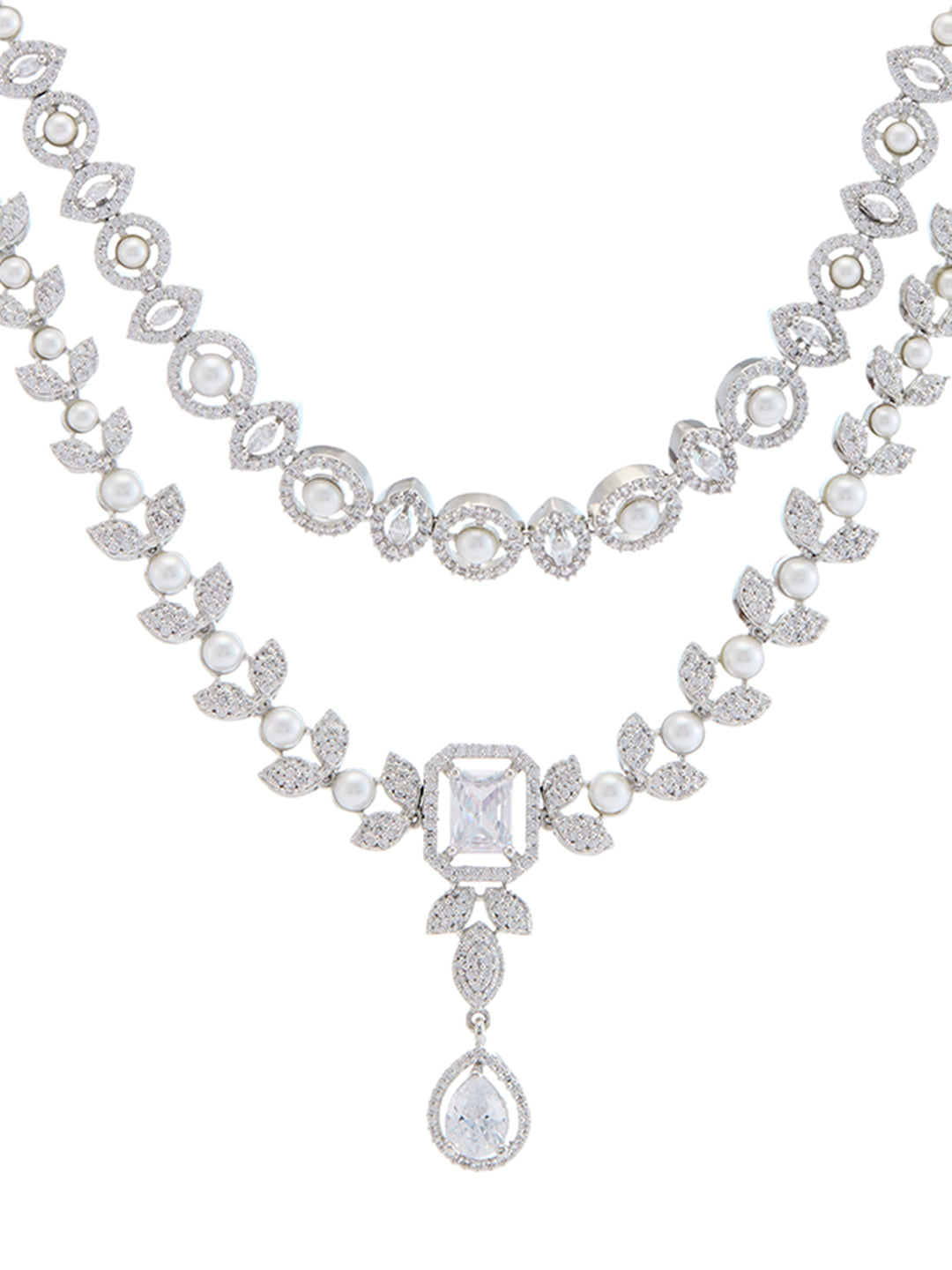 white CZ double layered diamond necklace set with rhodium finish and elegant drop earrings