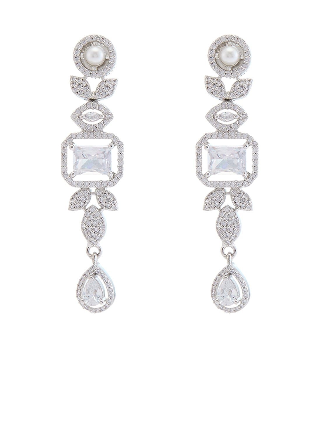 white CZ double layered diamond necklace set with rhodium finish and elegant drop earrings