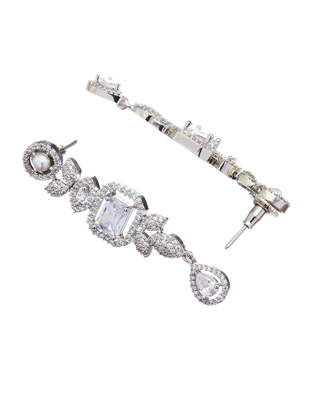 white CZ double layered diamond necklace set with rhodium finish and elegant drop earrings
