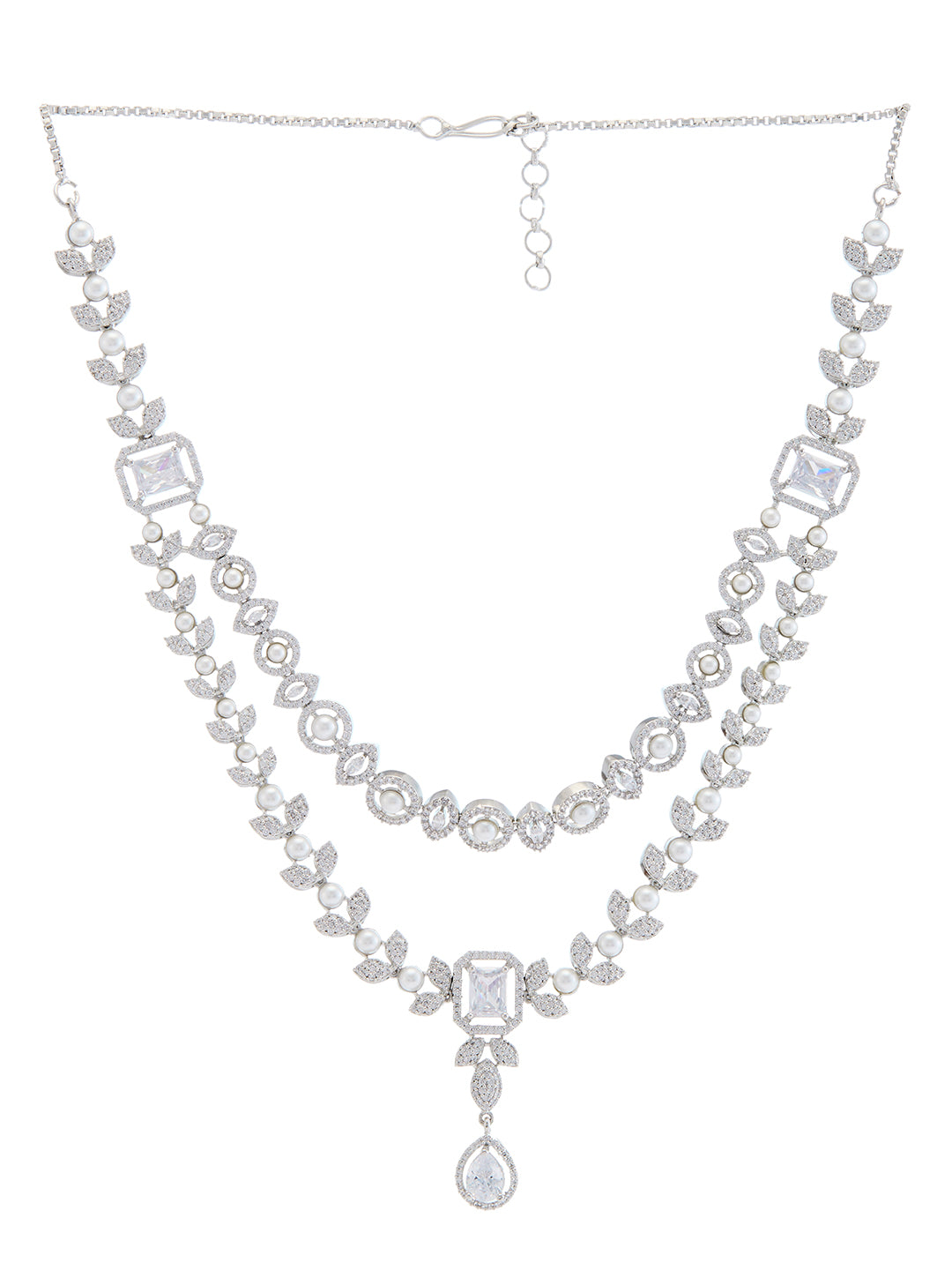 white CZ double layered diamond necklace set with rhodium finish and elegant drop earrings