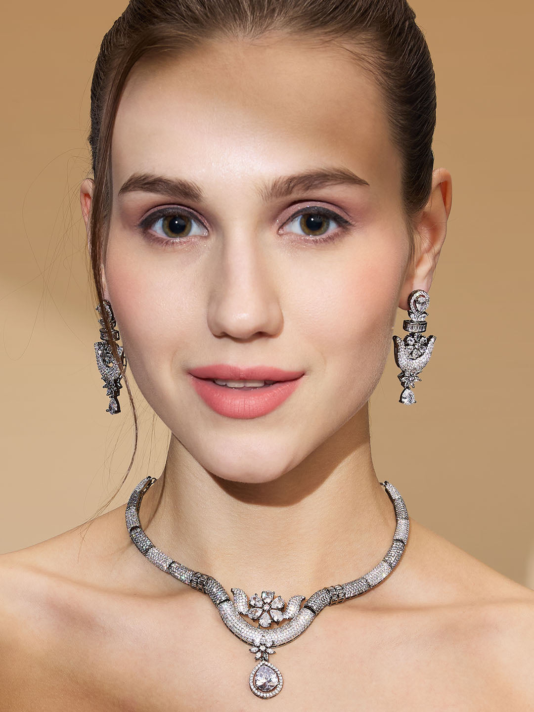 Black-Plated Diamond Jewellery Set with CZ Stones and Drop Earrings – Asmitta