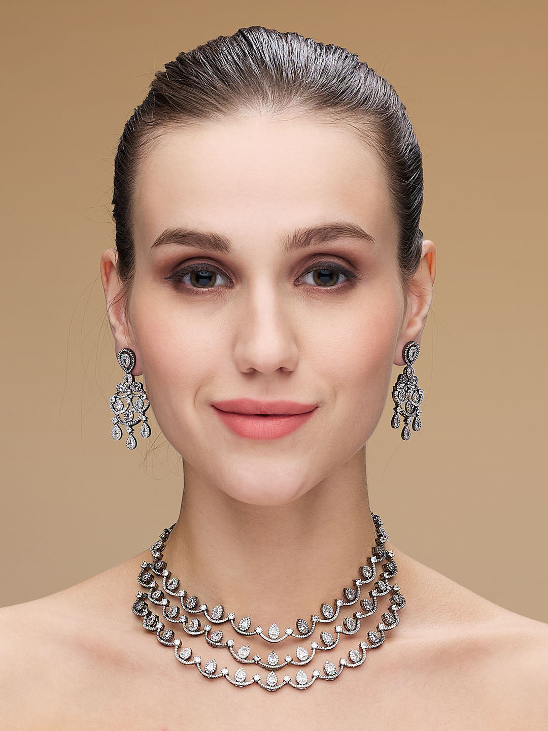 triple-layered black-plated diamond jewellery set with CZ stones – necklace and drop earrings