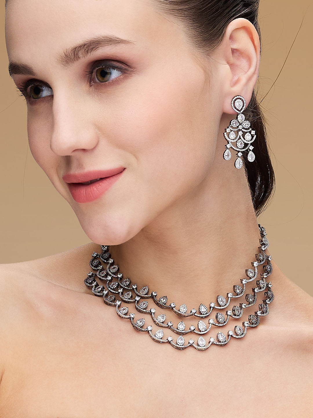 triple-layered black-plated diamond jewellery set with CZ stones – necklace and drop earrings