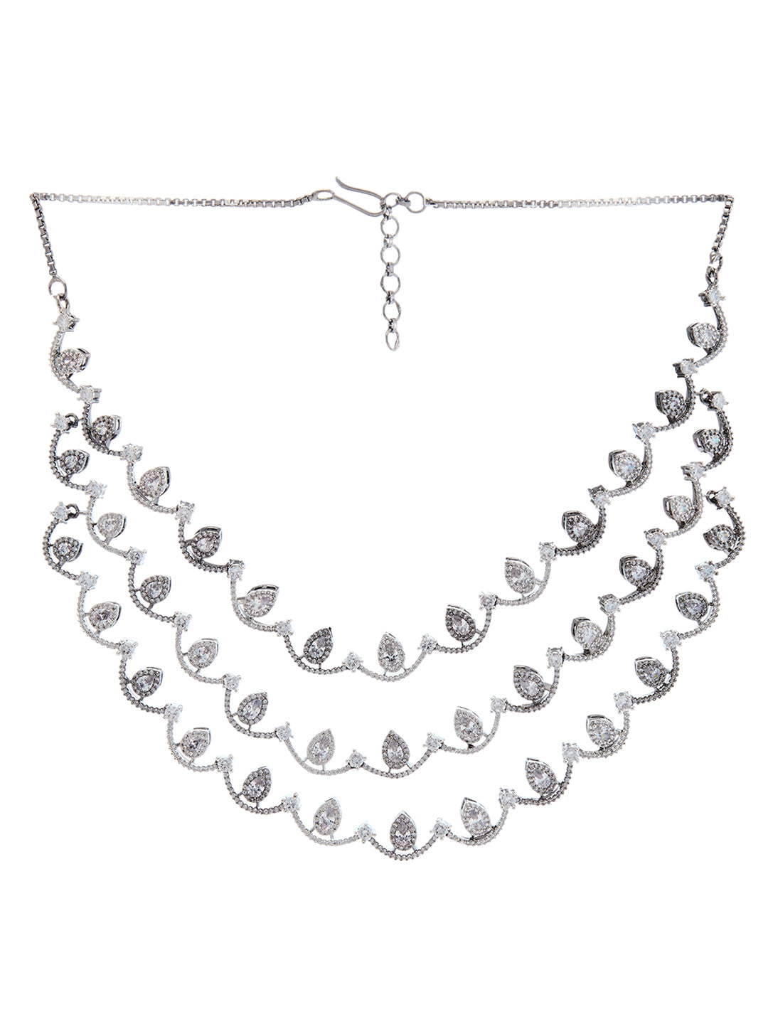 triple-layered black-plated diamond jewellery set with CZ stones – necklace and drop earrings