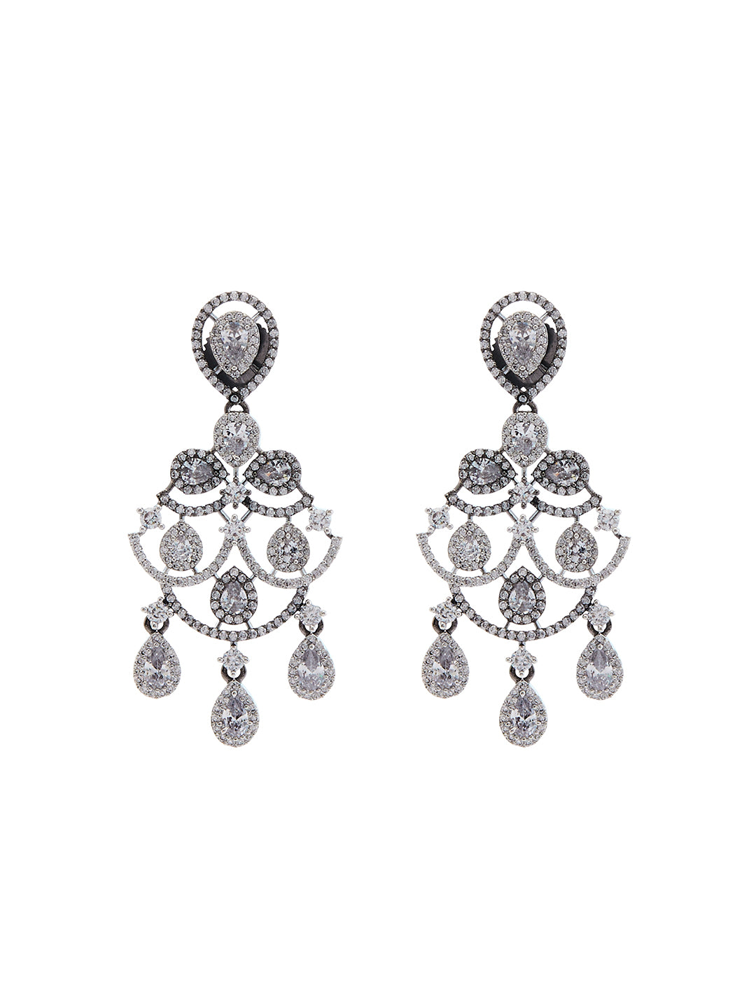 triple-layered black-plated diamond jewellery set with CZ stones – necklace and drop earrings