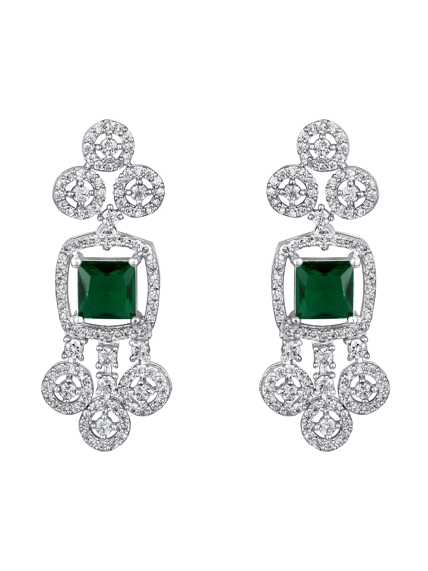 Rhodium-plated jewellery set with green and white cubic zirconia stones with matching earrings