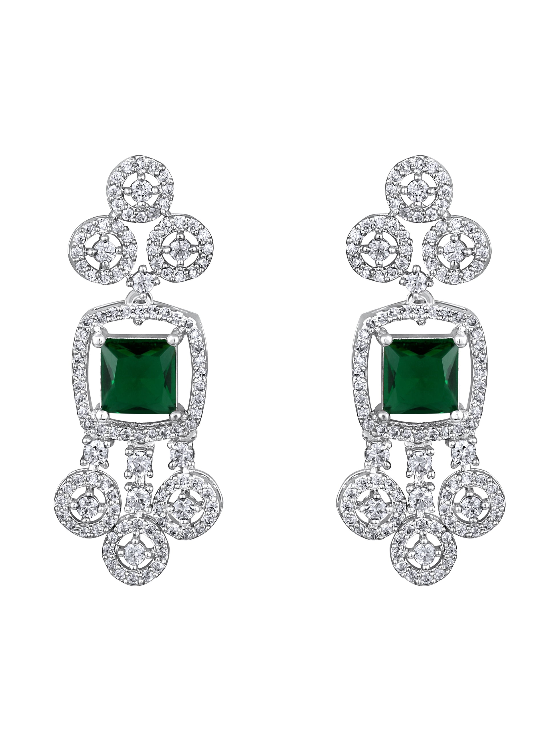 Rhodium-plated jewellery set with green and white cubic zirconia stones with matching earrings