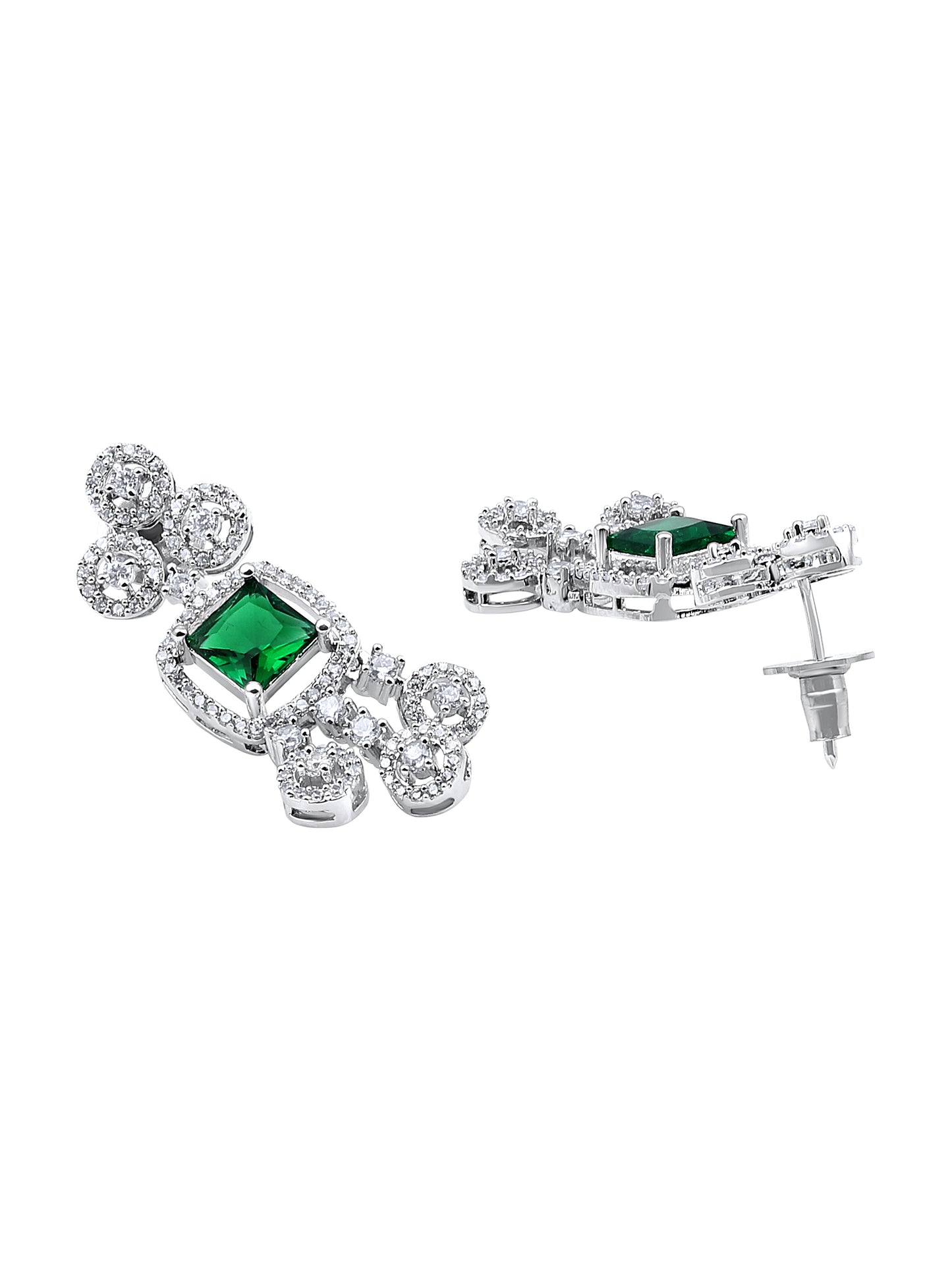 Rhodium-plated jewellery set with green and white cubic zirconia stones with matching earrings
