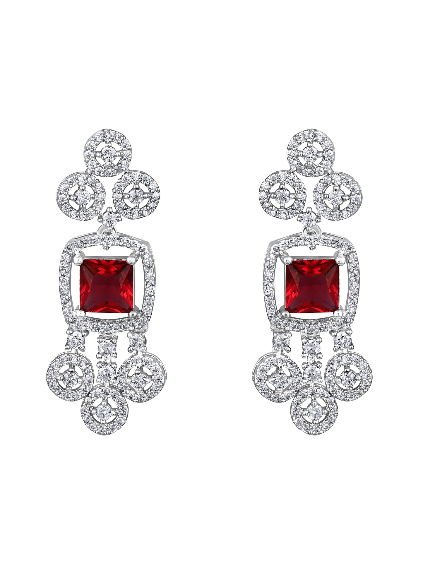 Rhodium-plated red diamond necklace set with matching drop earrings studded with cubic zirconia on black stone background