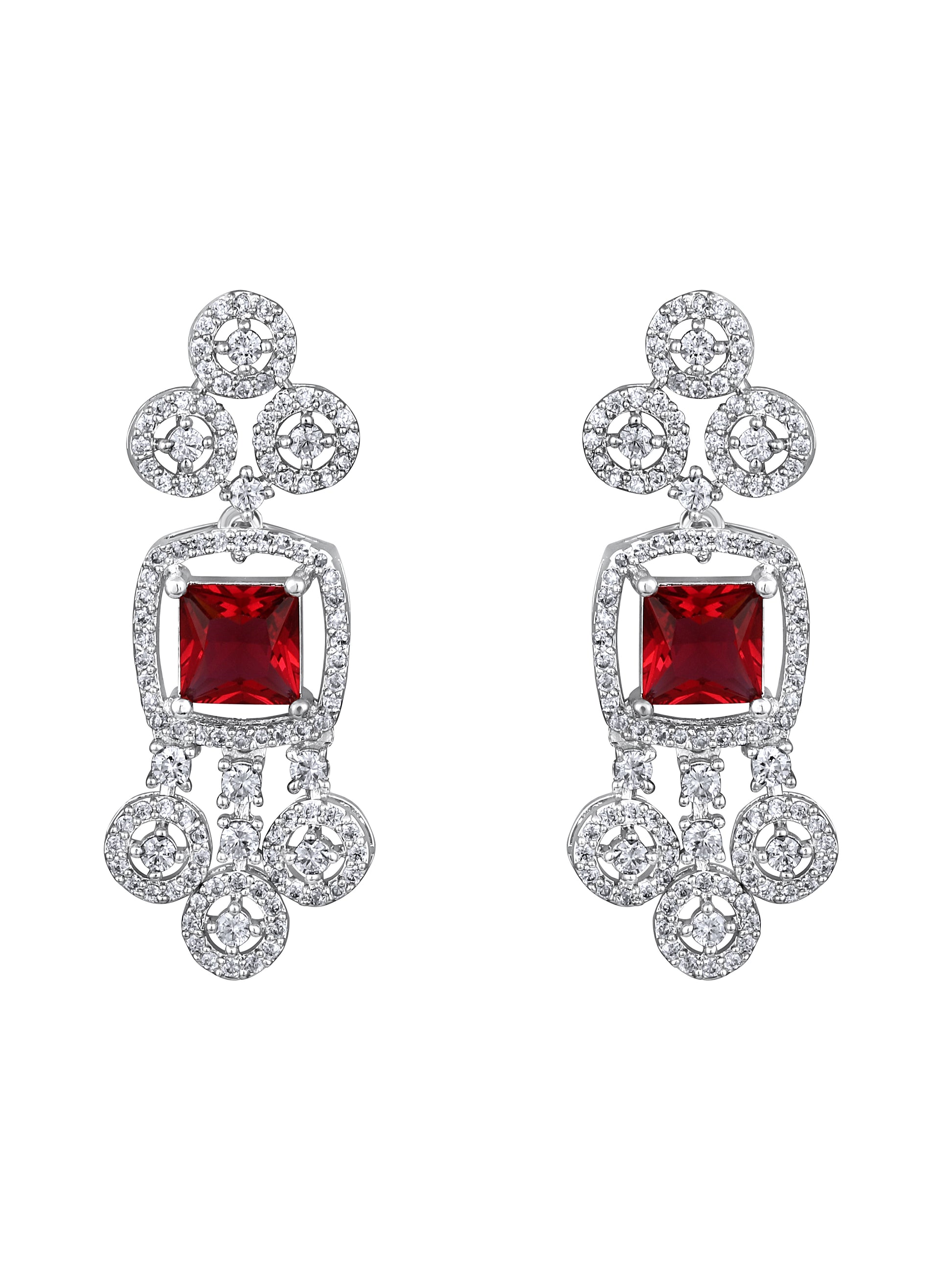 Rhodium-plated red diamond necklace set with matching drop earrings studded with cubic zirconia on black stone background