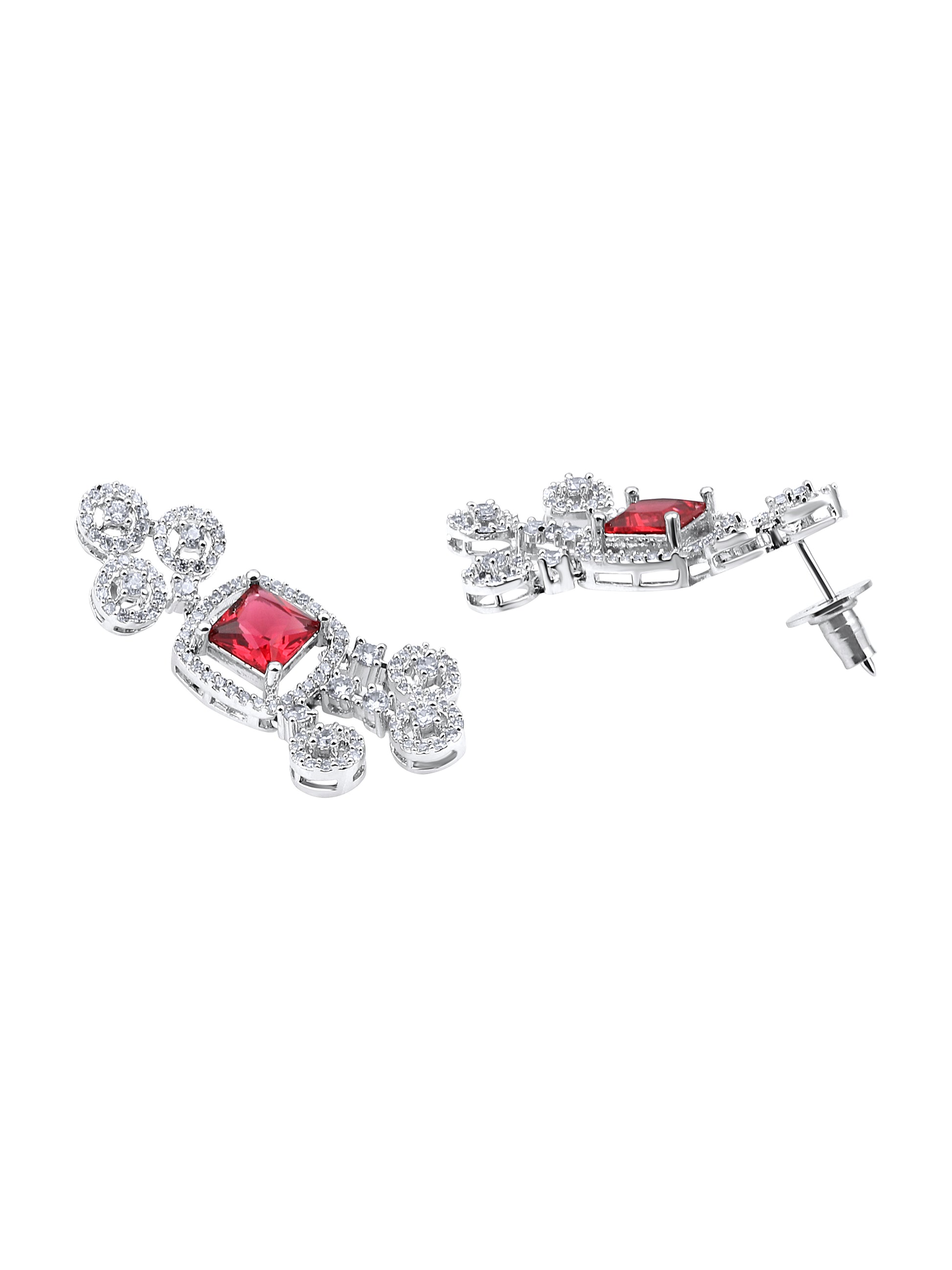 Rhodium-plated red diamond necklace set with matching drop earrings studded with cubic zirconia on black stone background