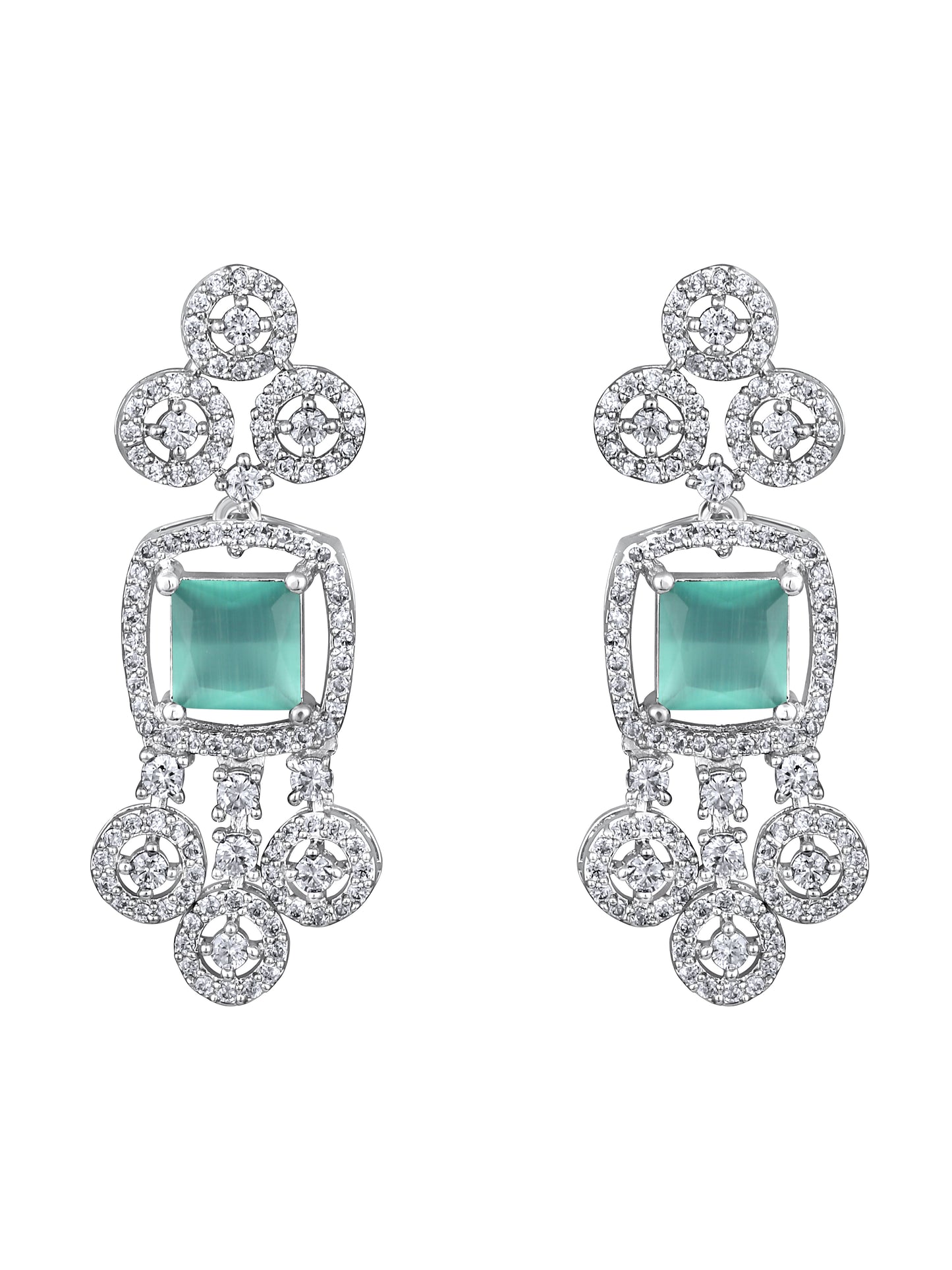 Rhodium-plated statement jewellery set with sea green square stones and white American diamonds