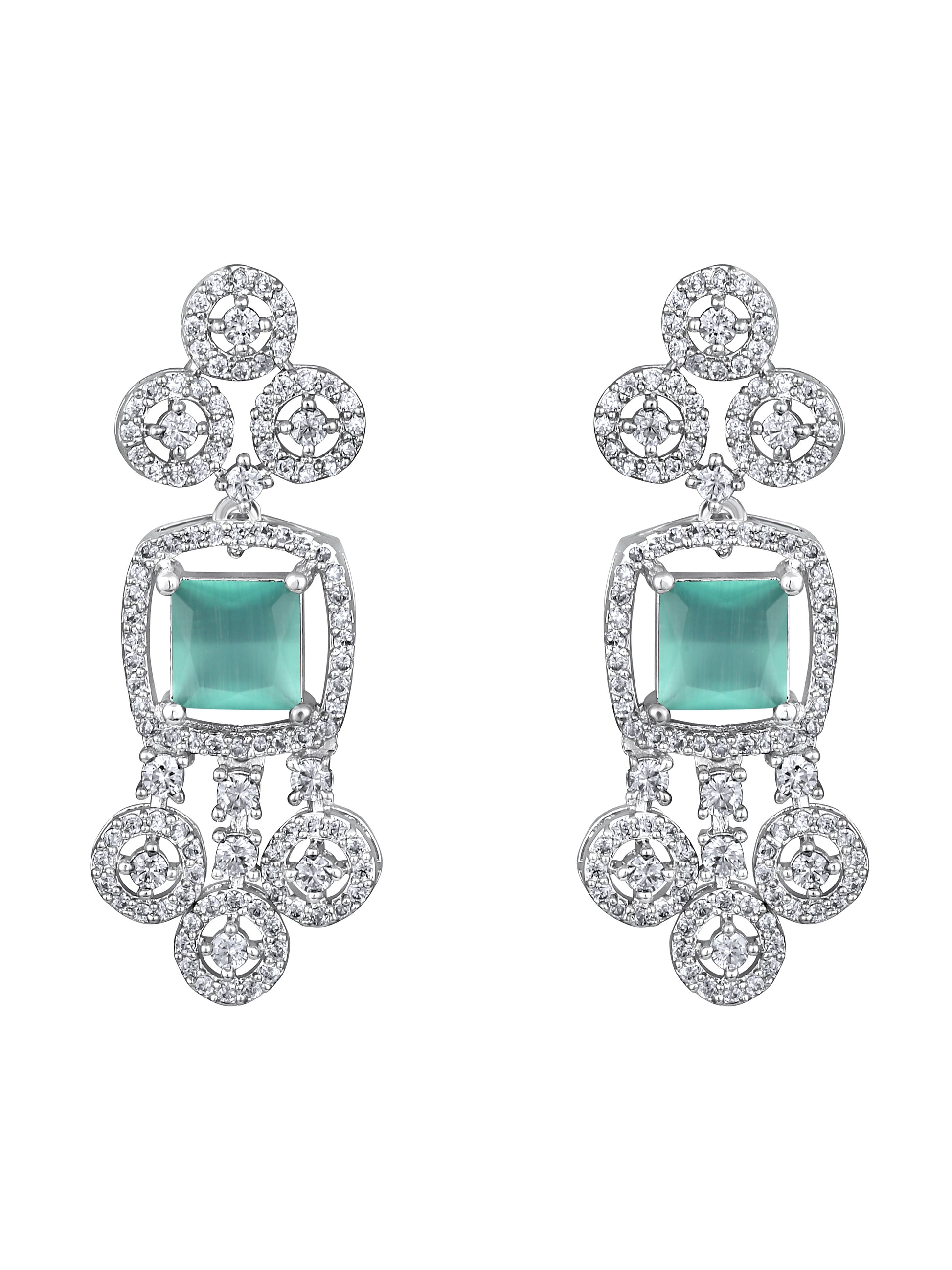 Rhodium-plated statement jewellery set with sea green square stones and white American diamonds