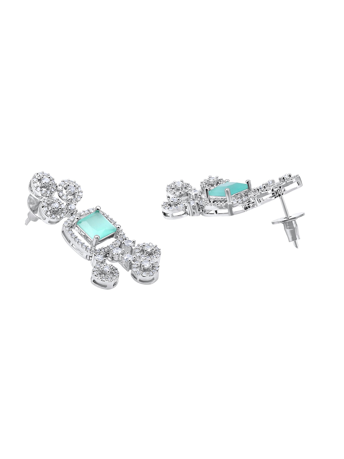 Rhodium-plated statement jewellery set with sea green square stones and white American diamonds