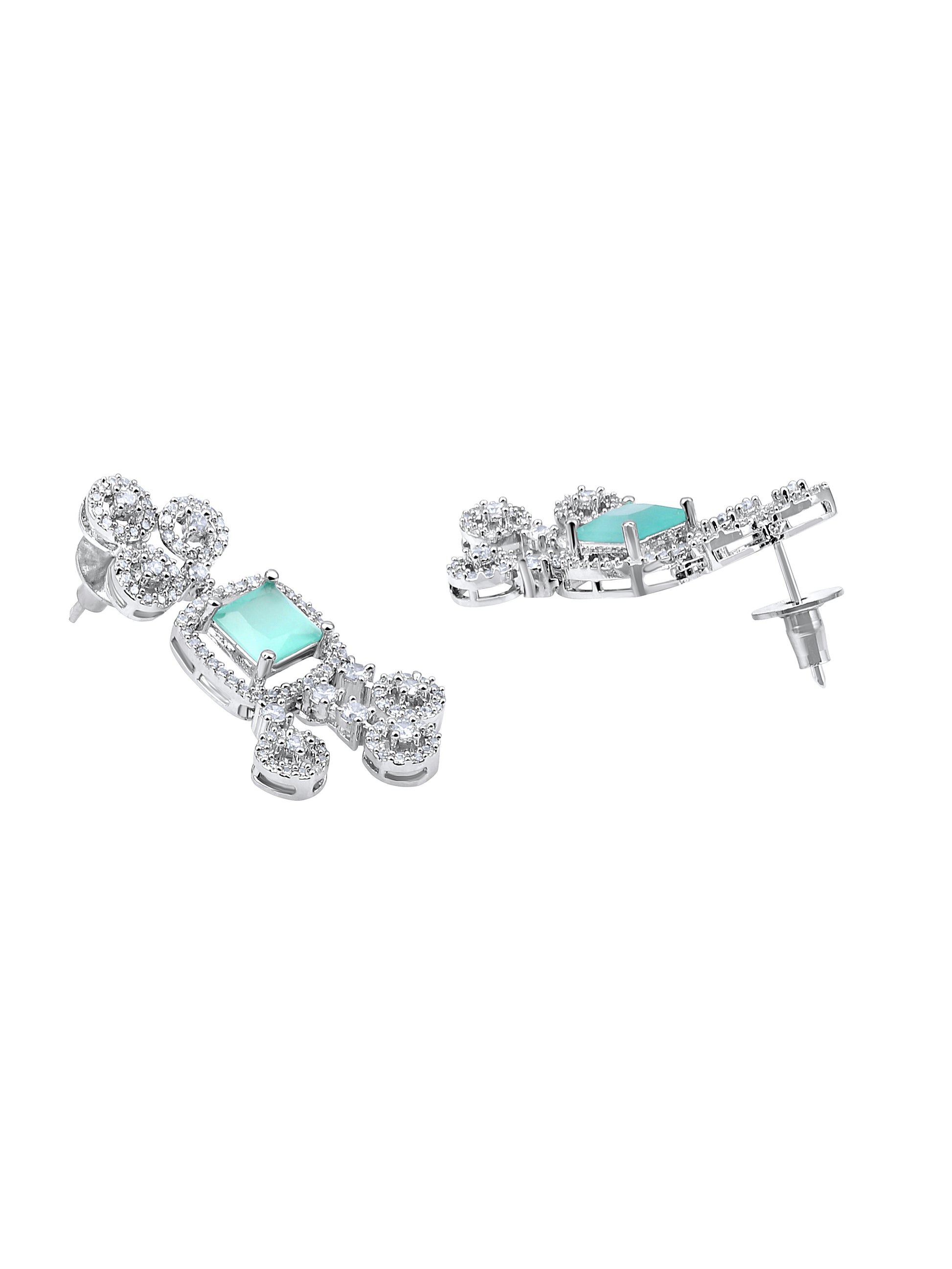 Rhodium-plated statement jewellery set with sea green square stones and white American diamonds