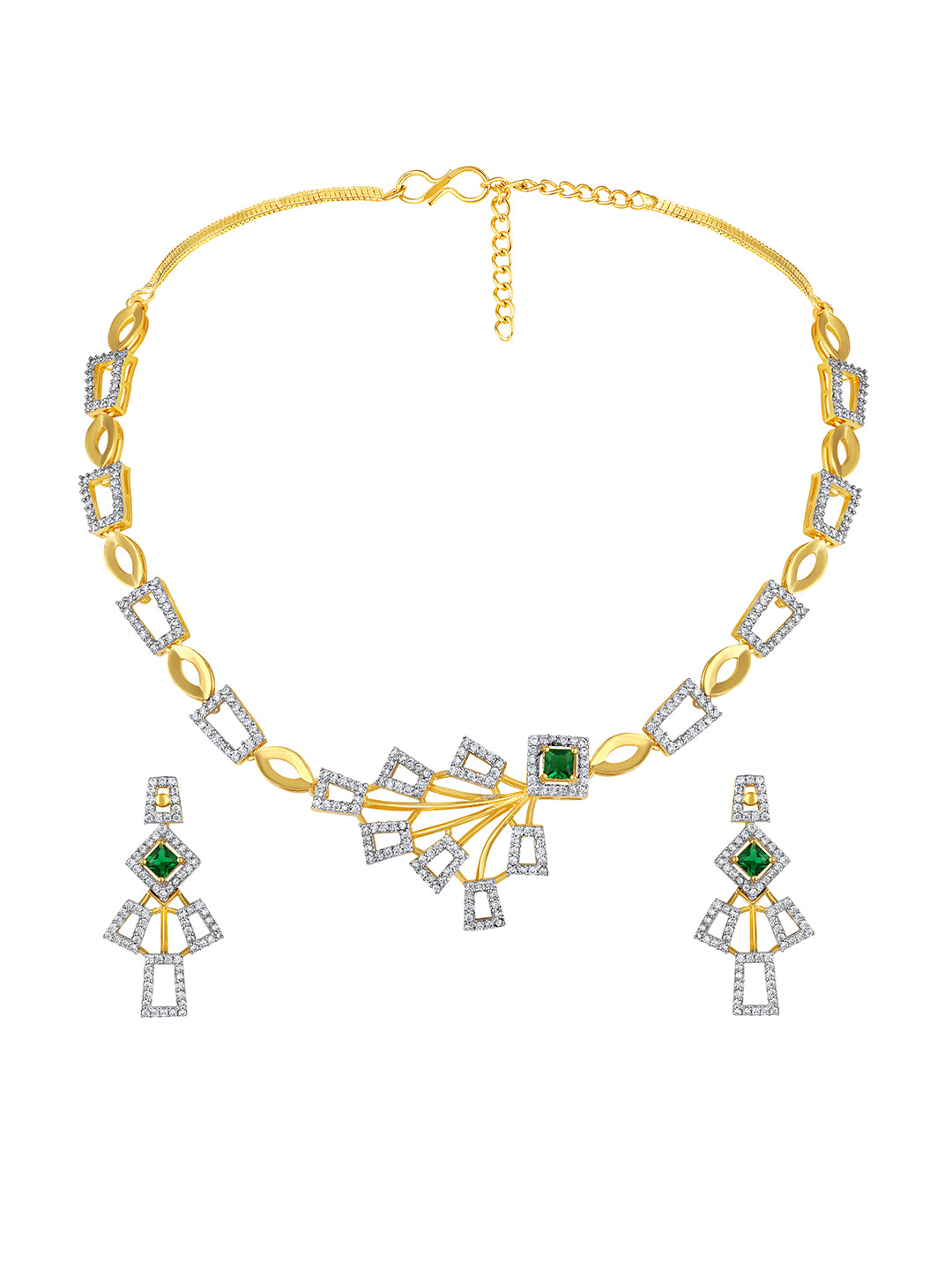 Two Tone CZ Studded Emerald green Choker Necklace Set with Designer Drop Earrings – Ethnic Jewellery by Asmitta