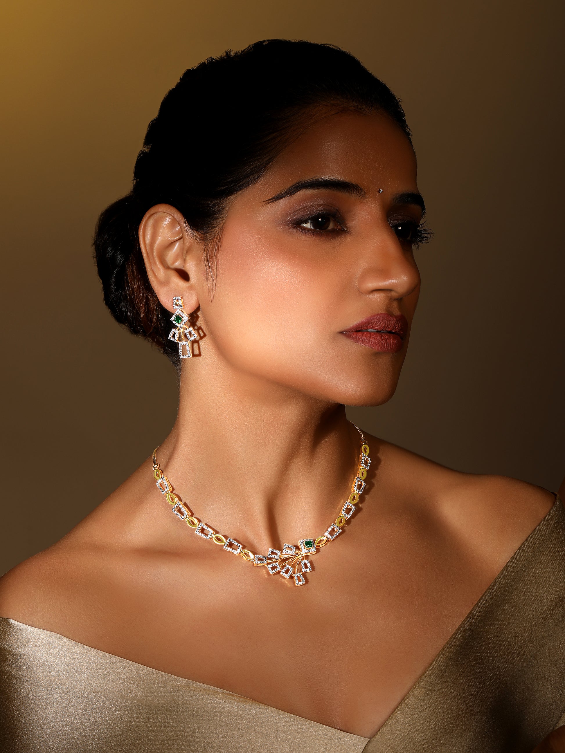 Two Tone CZ Studded Emerald Choker Necklace Set with Designer Drop Earrings – Ethnic Jewellery by Asmitta