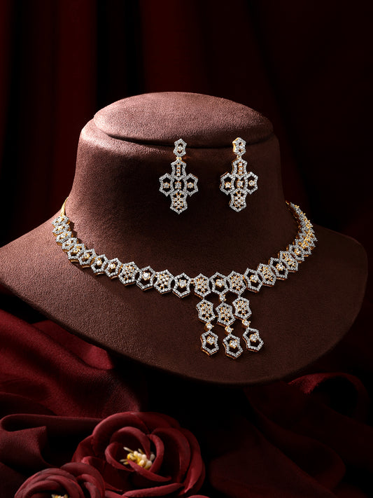 Two Tone CZ Studded Diamond Choker Set with Matching Earrings – Asmitta