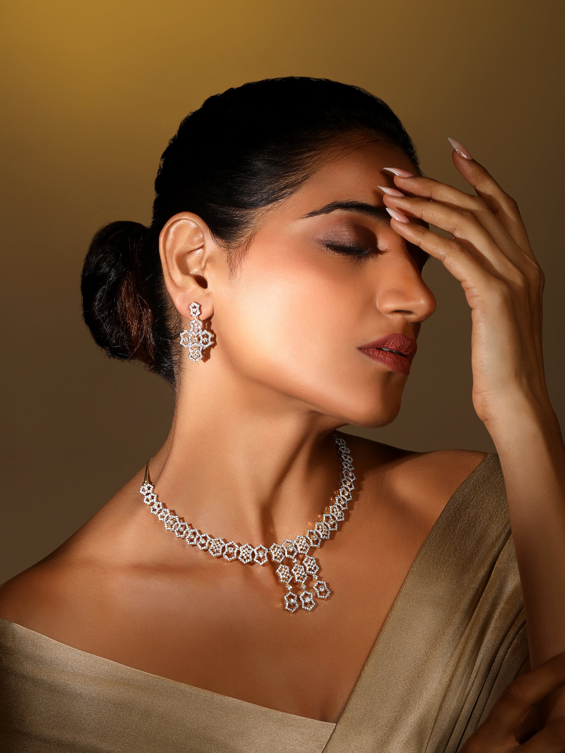 Two Tone CZ Studded Diamond Choker Set with Matching Earrings – Asmitta