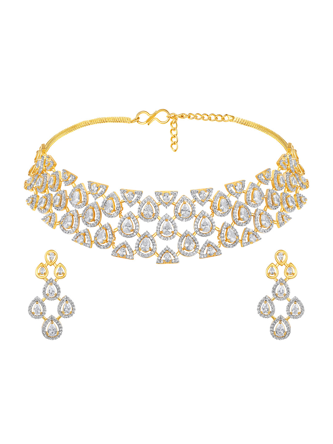 Two Tone CZ Studded Diamond Choker Set with Earrings – Bridal Jewellery
