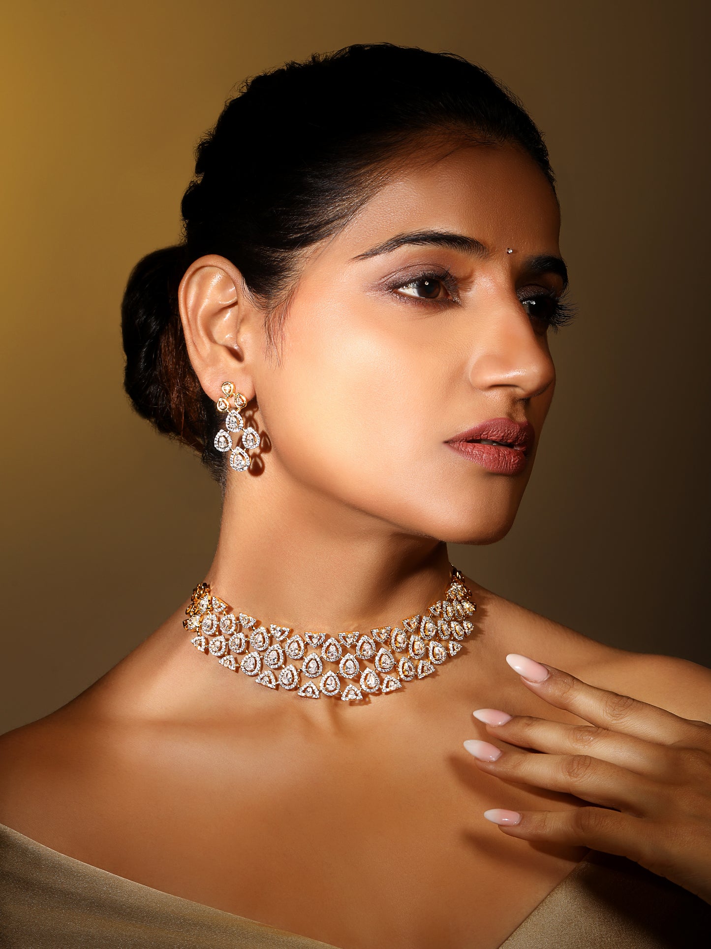 Two Tone CZ Studded Diamond Choker Set with Earrings – Bridal Jewellery