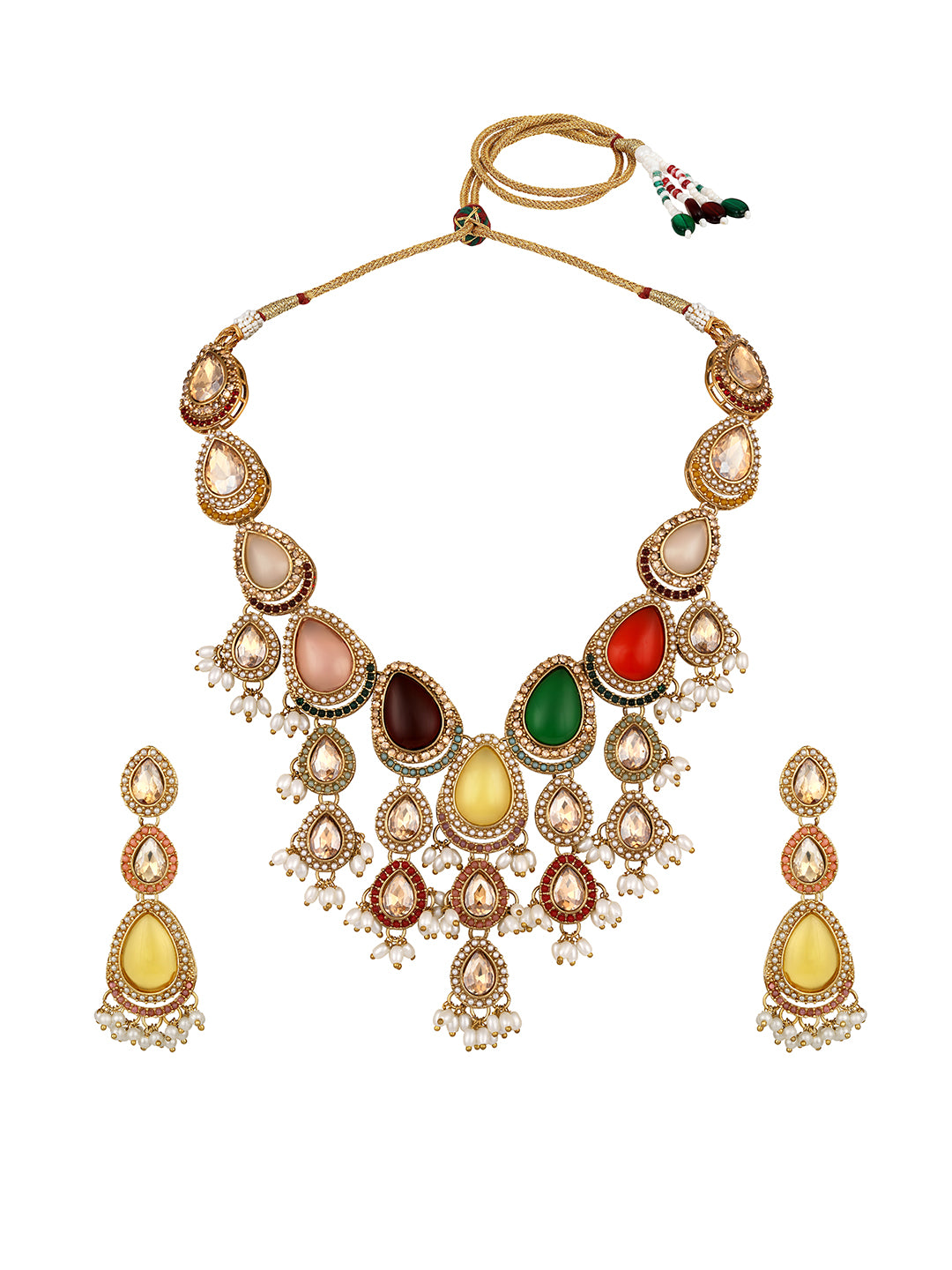 Multicolor Gold Plated American Diamond Studded & Beaded Bridal Jewellery Set