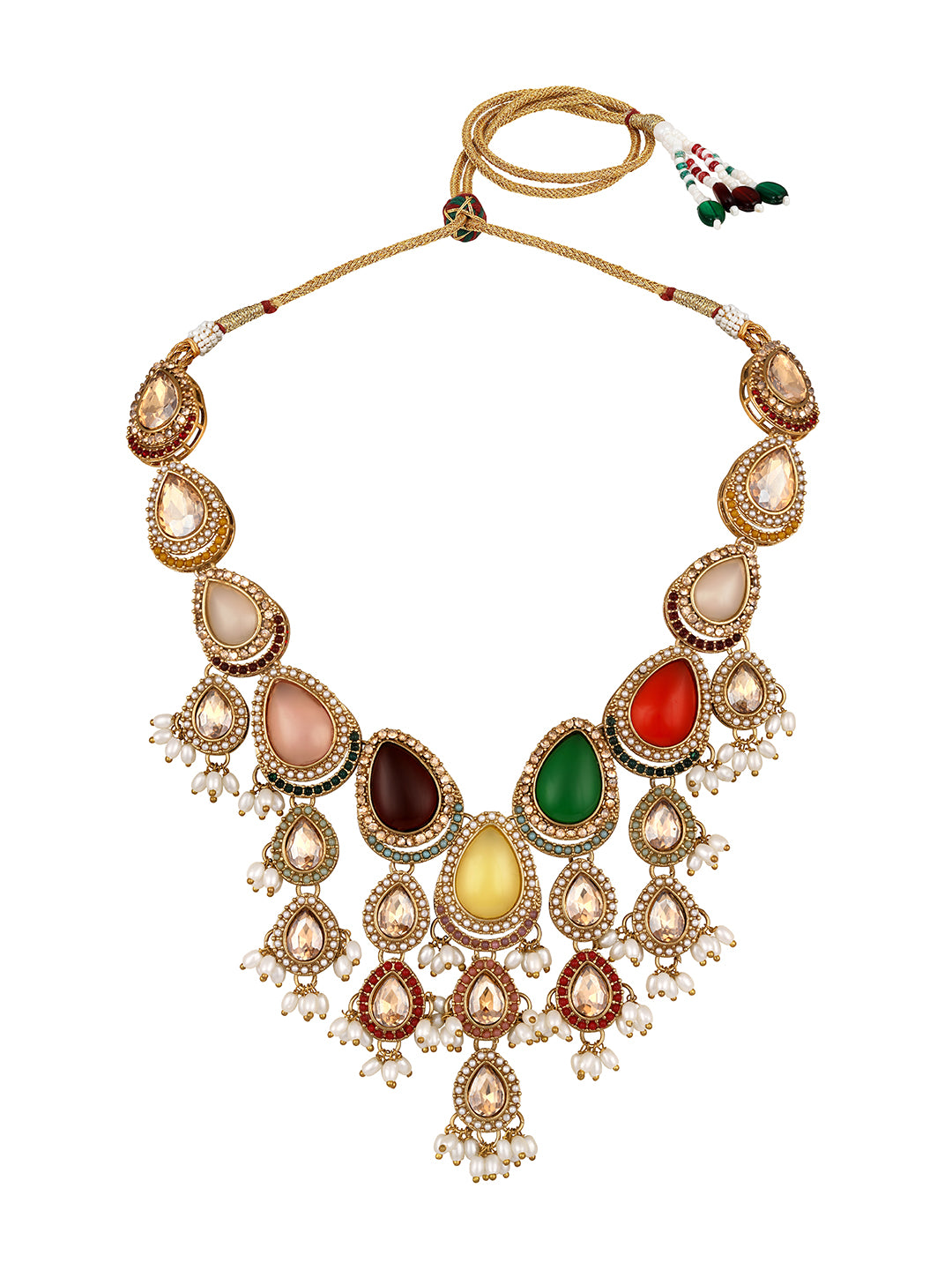 Multicolor Gold Plated American Diamond Studded & Beaded Bridal Jewellery Set