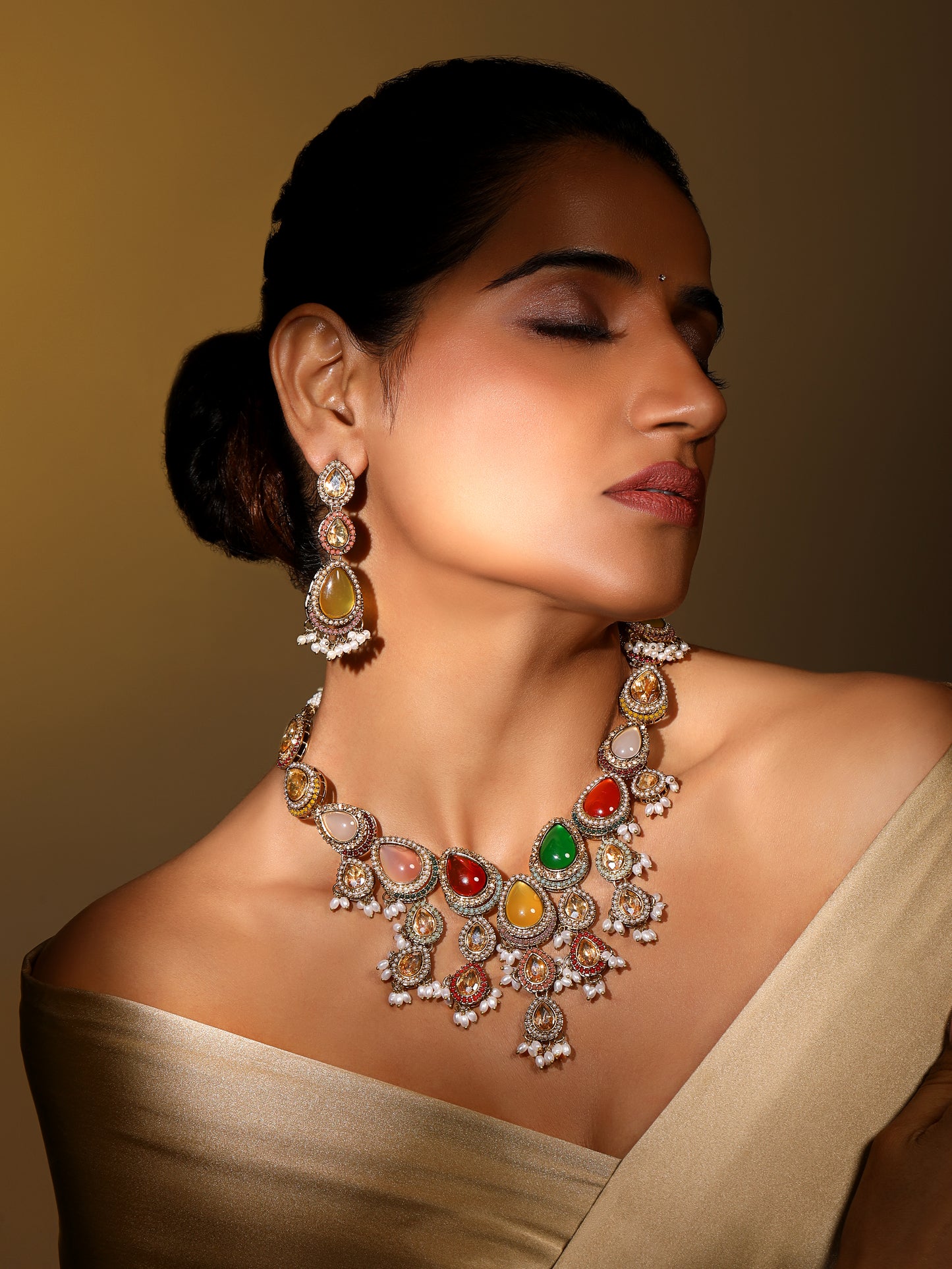 Multicolor Gold Plated American Diamond Studded & Beaded Bridal Jewellery Set