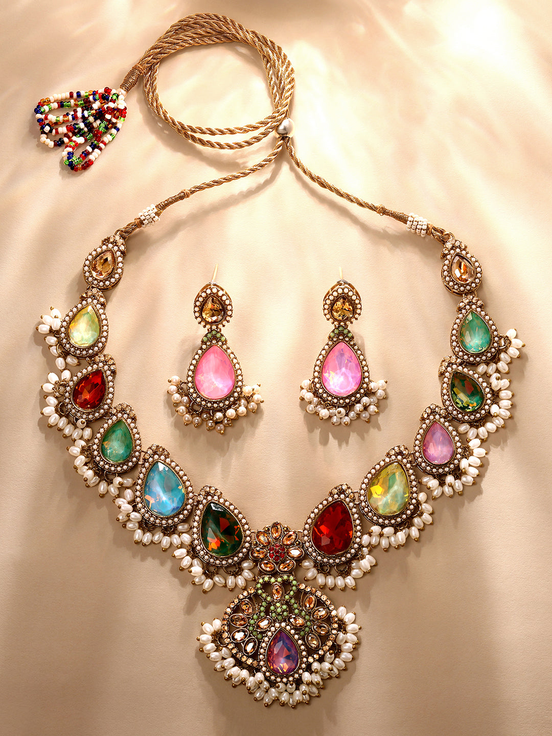 Multicolor Gold Plated American Diamond Studded & Beaded Bridal Jewellery Set