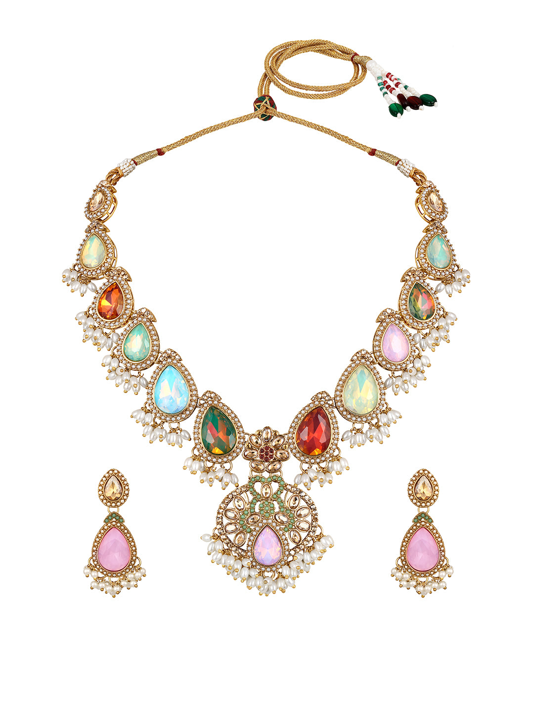 Multicolor Gold Plated American Diamond Studded & Beaded Bridal Jewellery Set