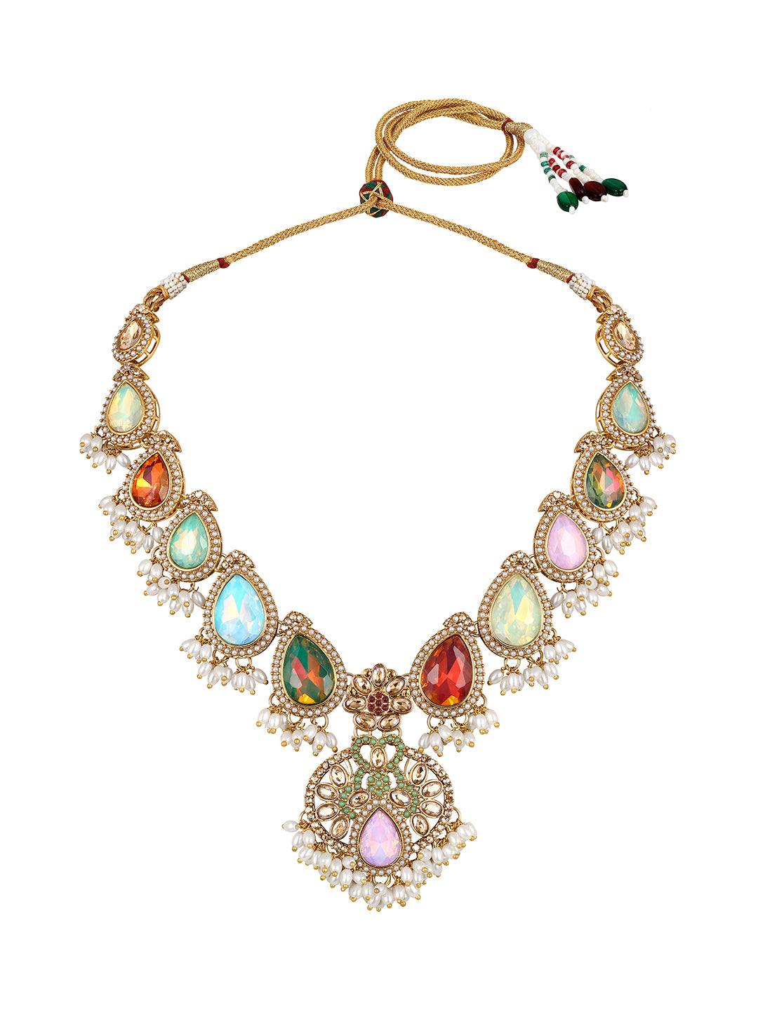 Multicolor Gold Plated American Diamond Studded & Beaded Bridal Jewellery Set