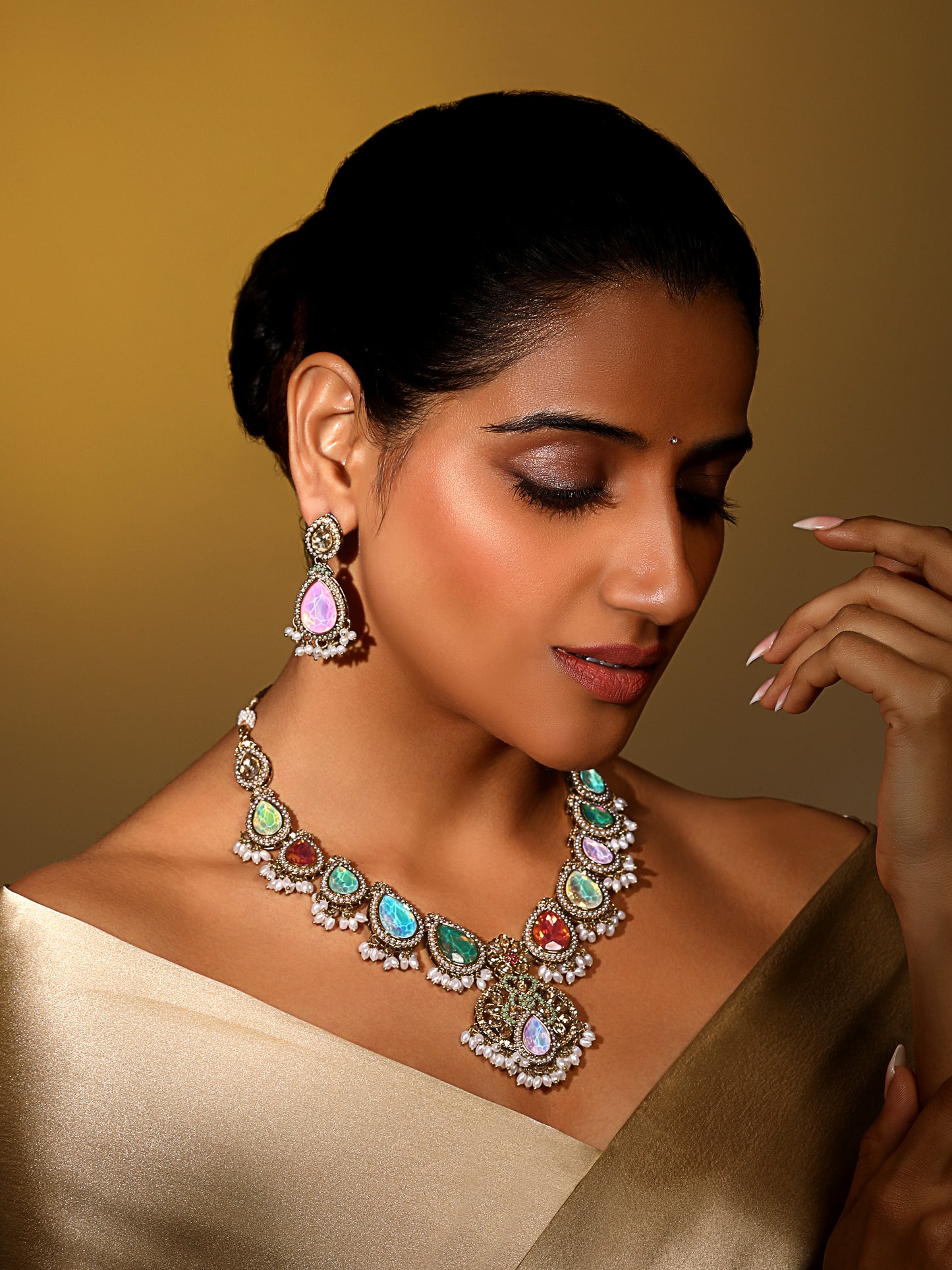 Multicolor Gold Plated American Diamond Studded & Beaded Bridal Jewellery Set