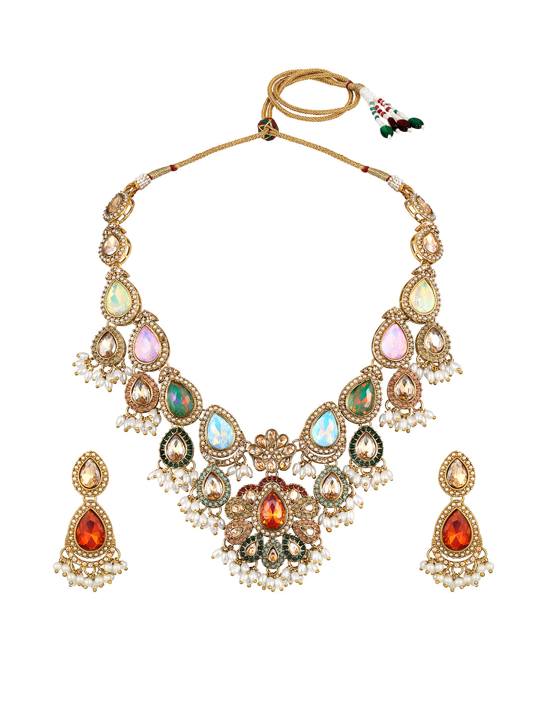 Multicolour bridal necklace set with diamond look and pearl detailing