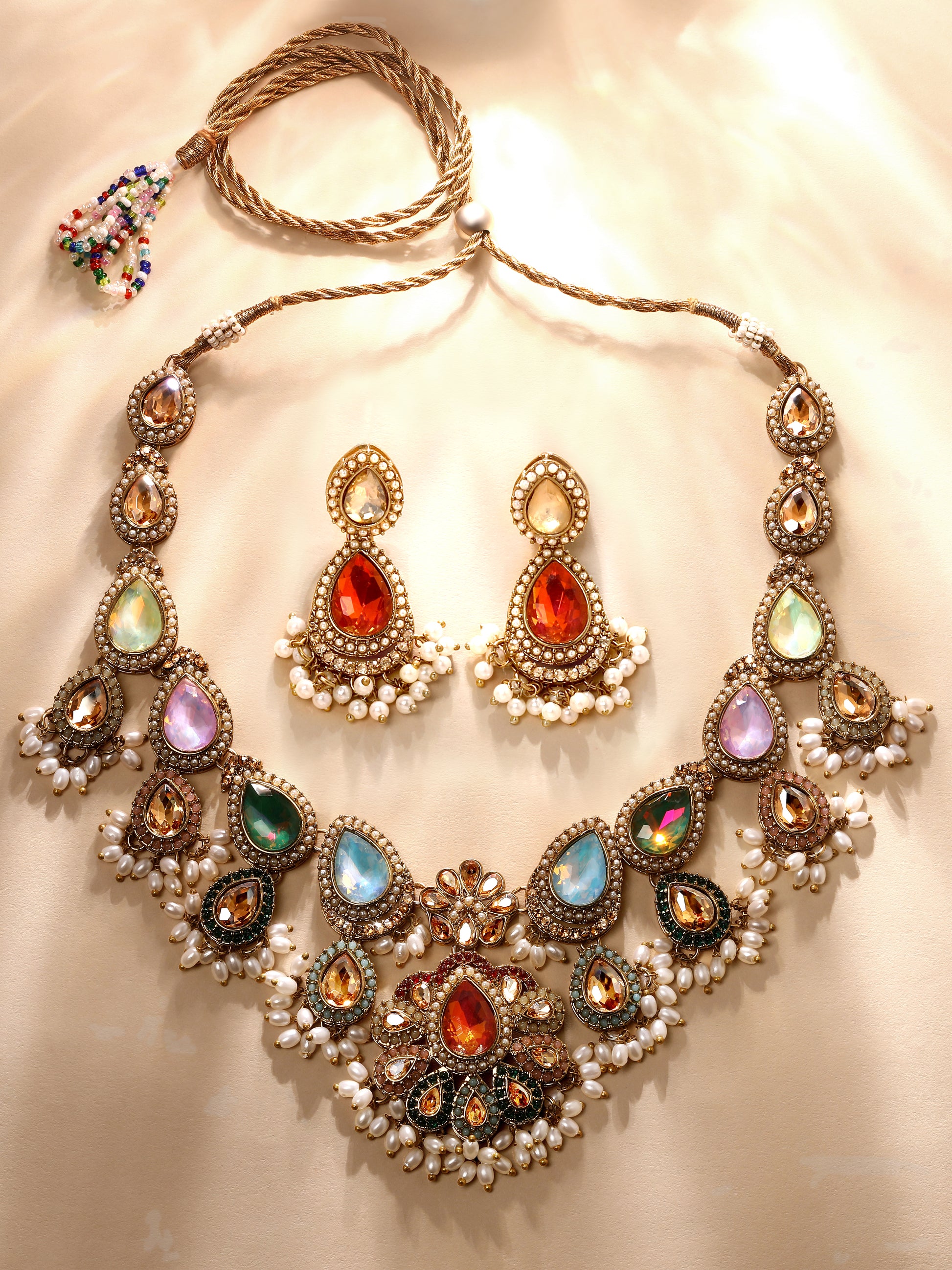 Multicolour bridal necklace set with diamond look and pearl detailing