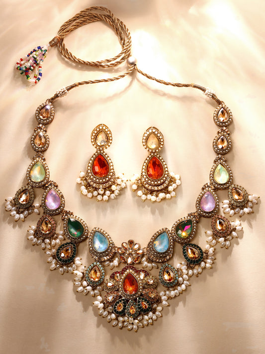 Multicolour bridal necklace set with diamond look and pearl detailing